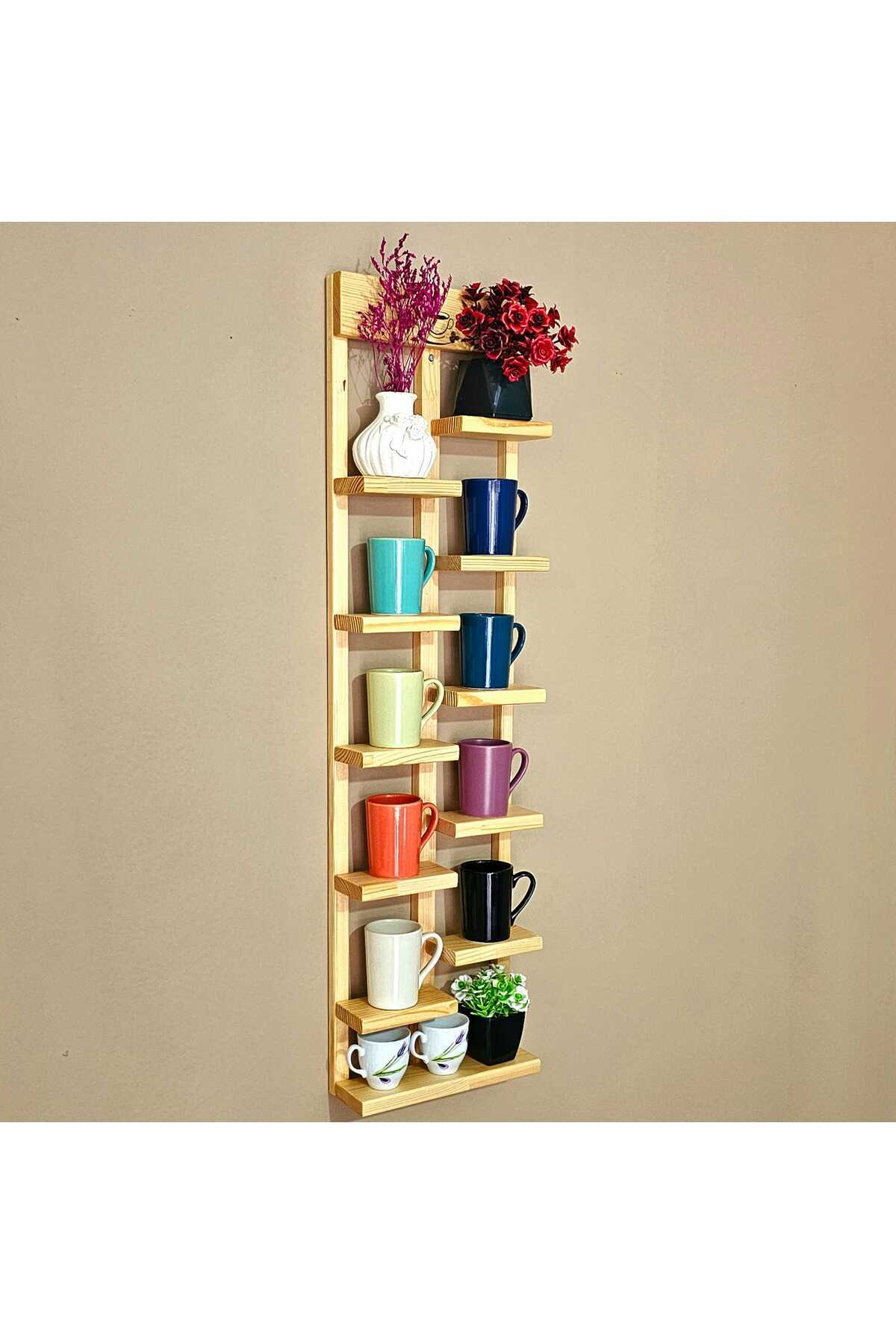 Wooden Decorative Wall Shelf 10-Piece Coffee Cup and Cup Stand Original Pine Production
