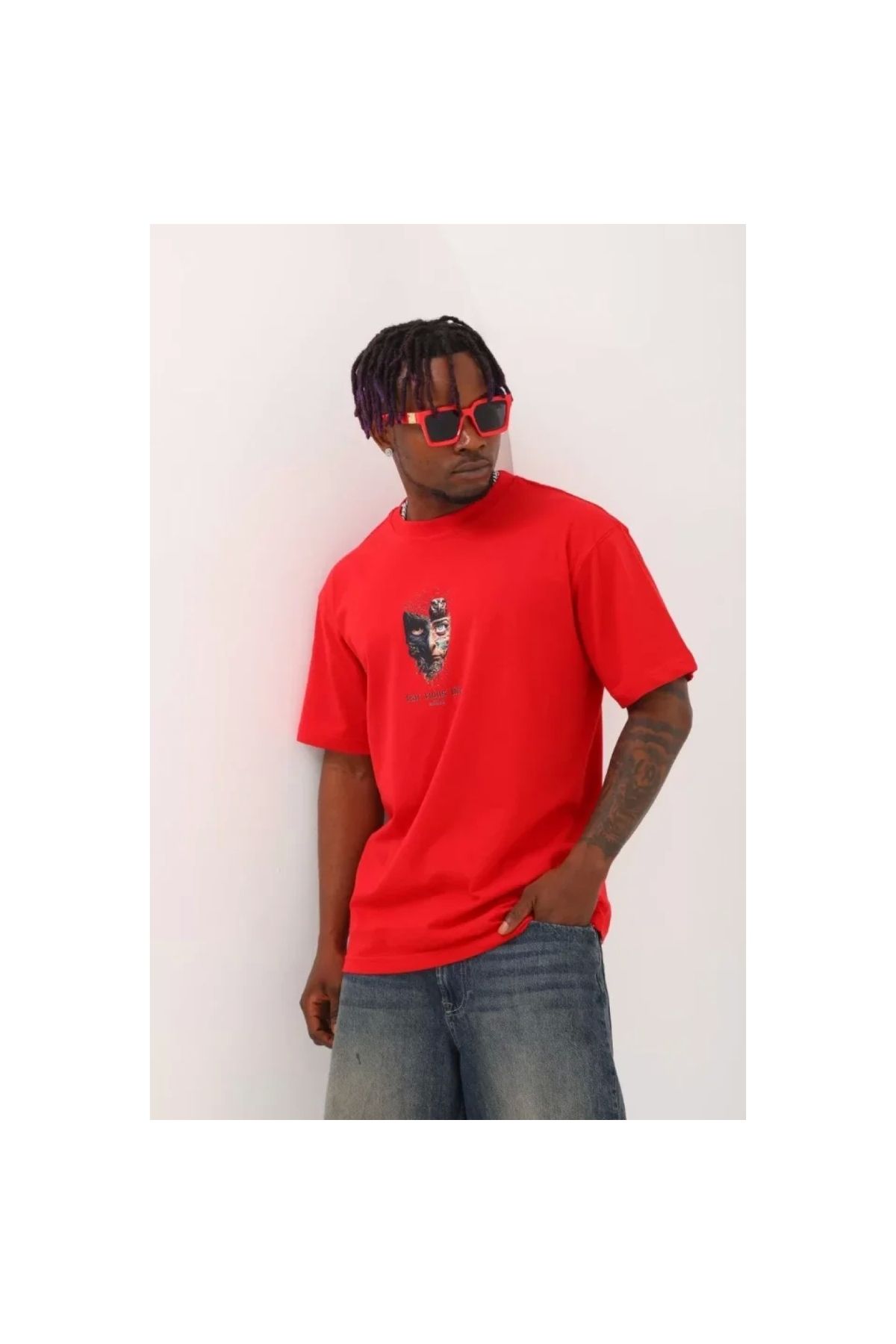 Narnuga Unisex Oversize Baskılı Bisiklet Yaka TShirt