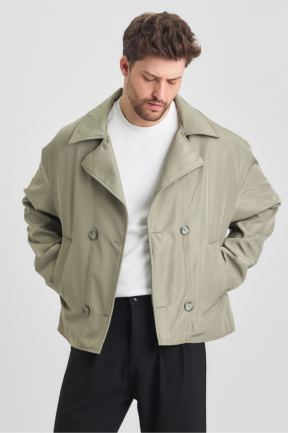 MerStore  Yeni Sezon Crop Fit Erkek Trençkot Ceket - Görsel 5