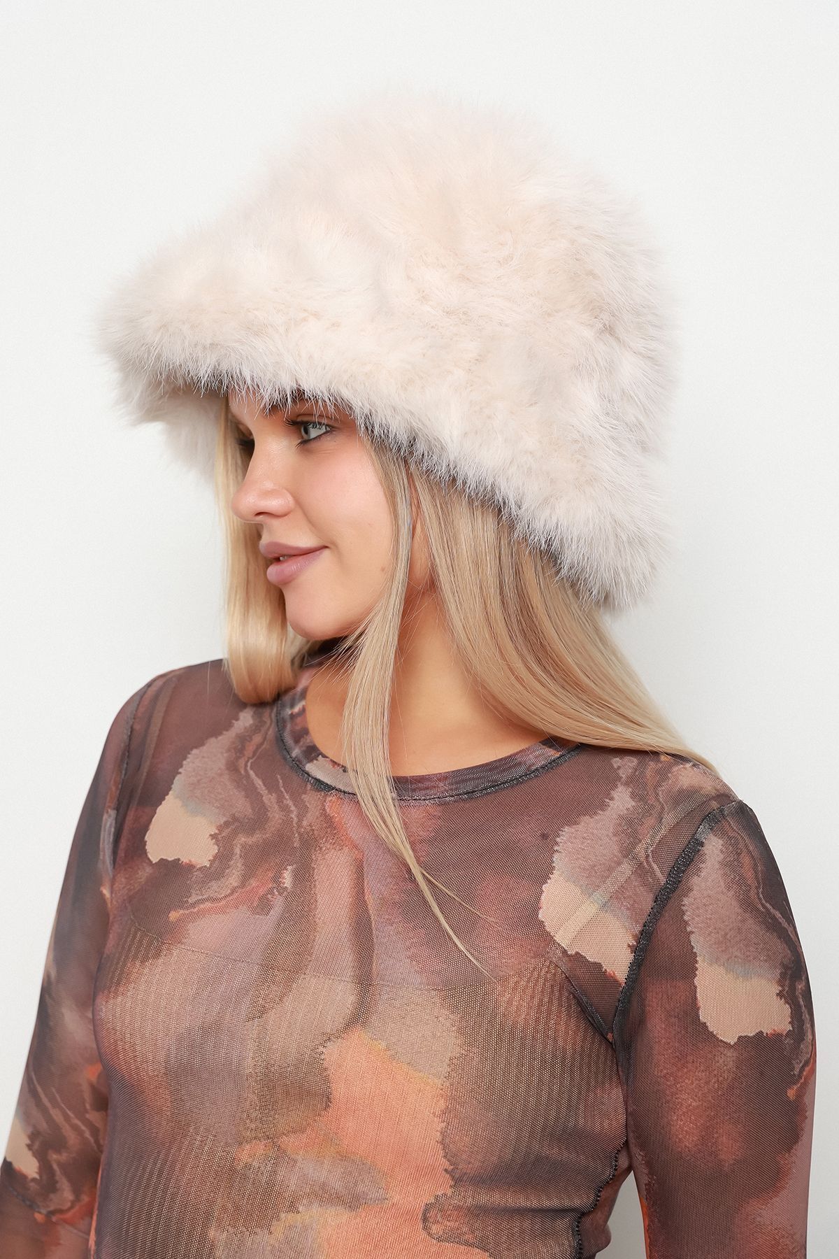 Luminos Butik-Beige Plush Bucket Heart Hat-Beanie Spk1142 3