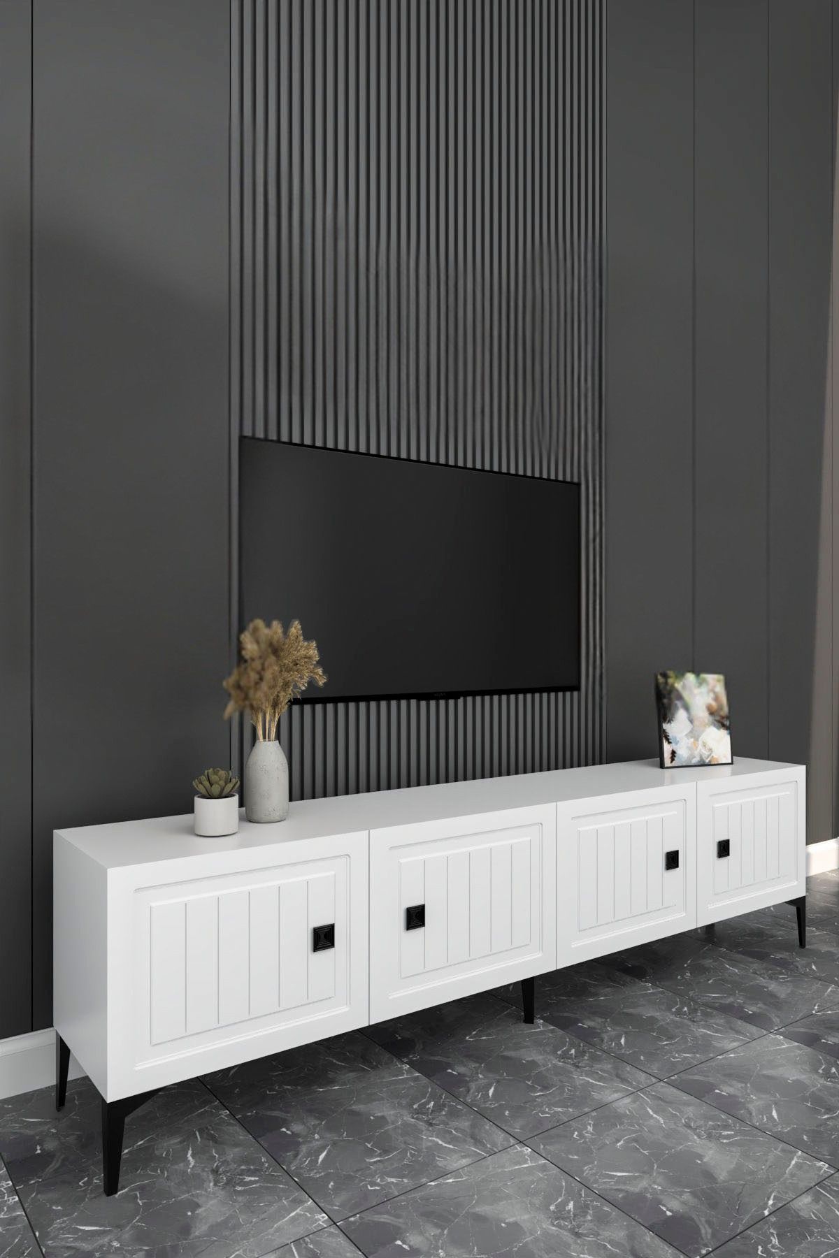 Happylife Furniture Design %100 MDF Tv Ünitesi İŞLEMELİ 4 Kapaklı Beyaz Tv Sehpası