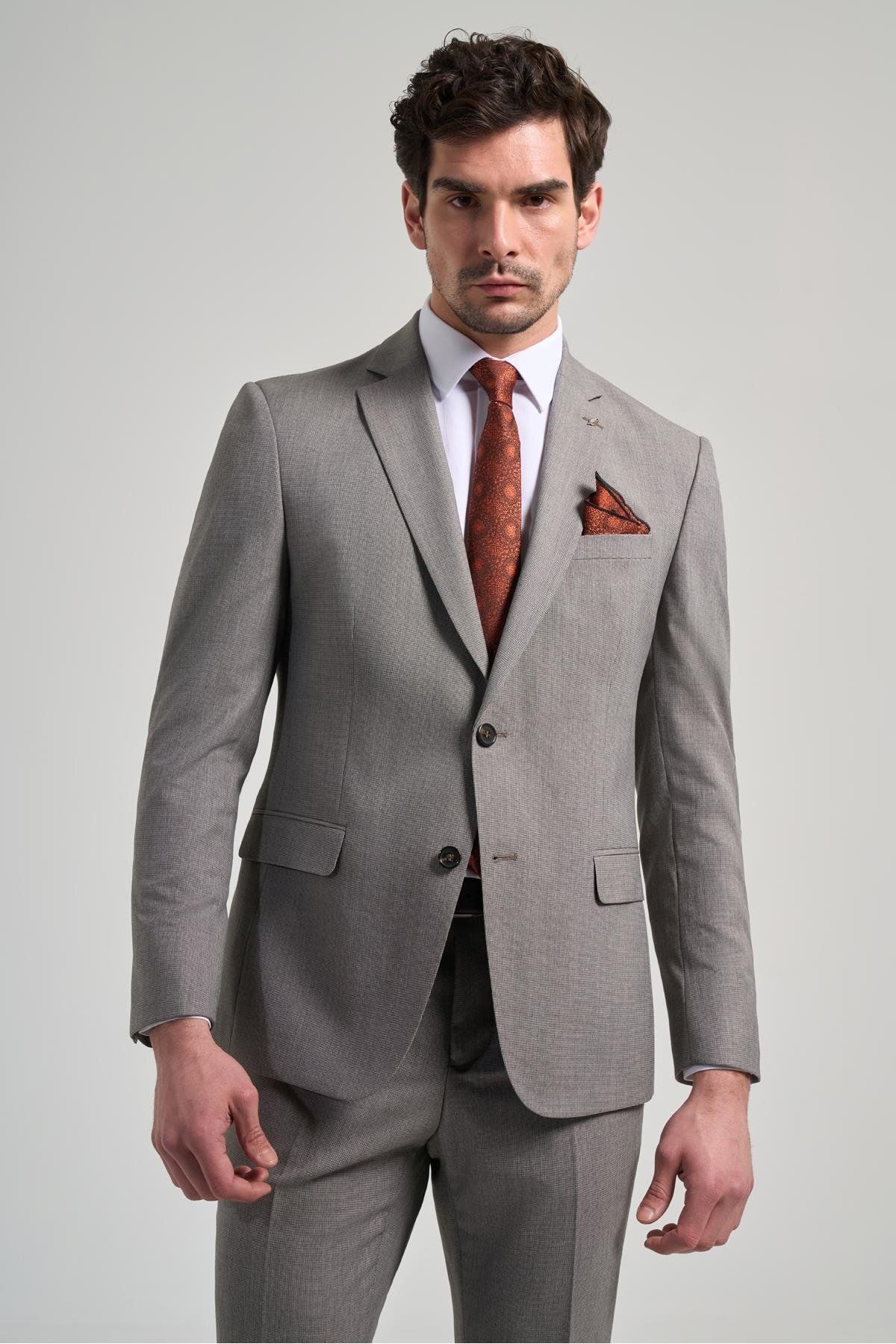 کت وشلوار مردانه پارچه ای خودپرد شده یقه یکنواخت کامل پوشش انعطاف پذیر 6 DROP SLIM FIT 1001250168 İmza