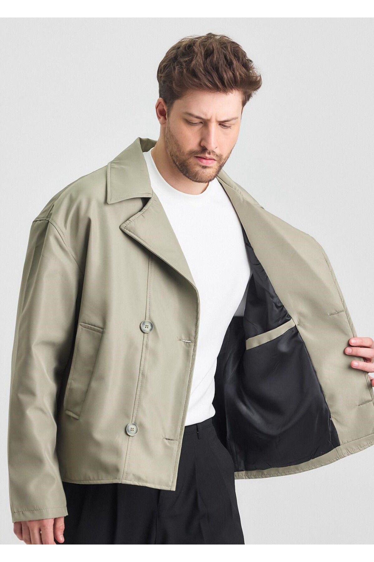 MerStore  Yeni Sezon Crop Fit Erkek Trençkot Ceket - Görsel 4