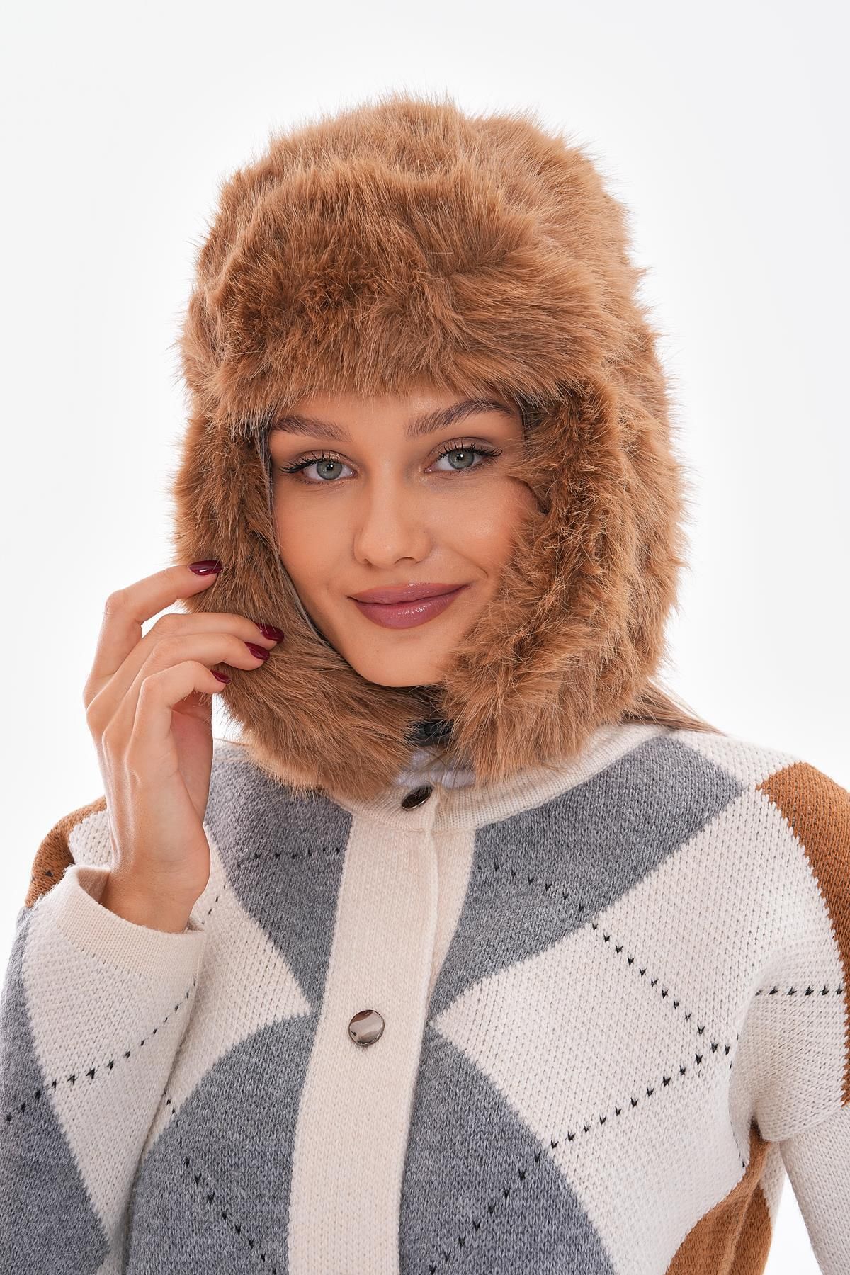 Luminos Butik-Mango Feather Plush Camel Clip Pilot Hat Beanie 4652 4