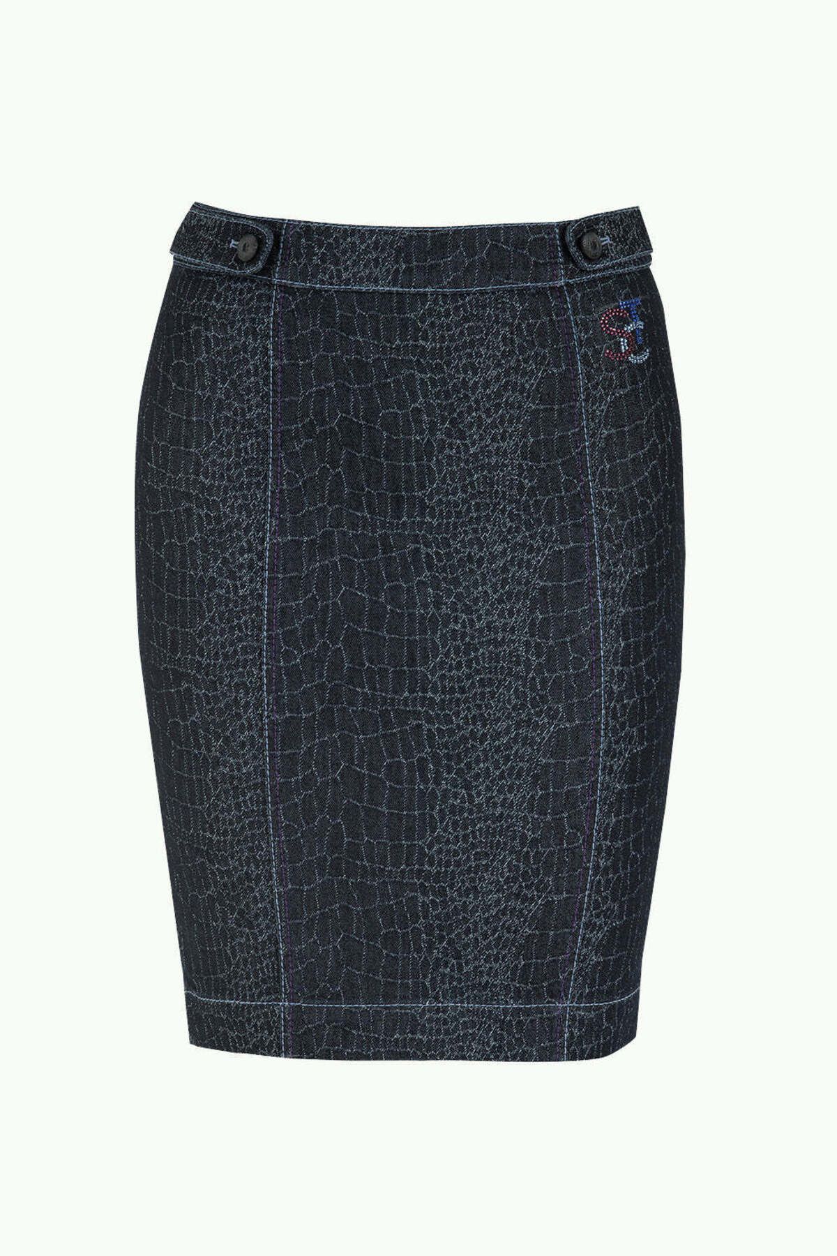 SOCIETA-Navy Blue Buttoned and Stone Denim Skirt 80521 5