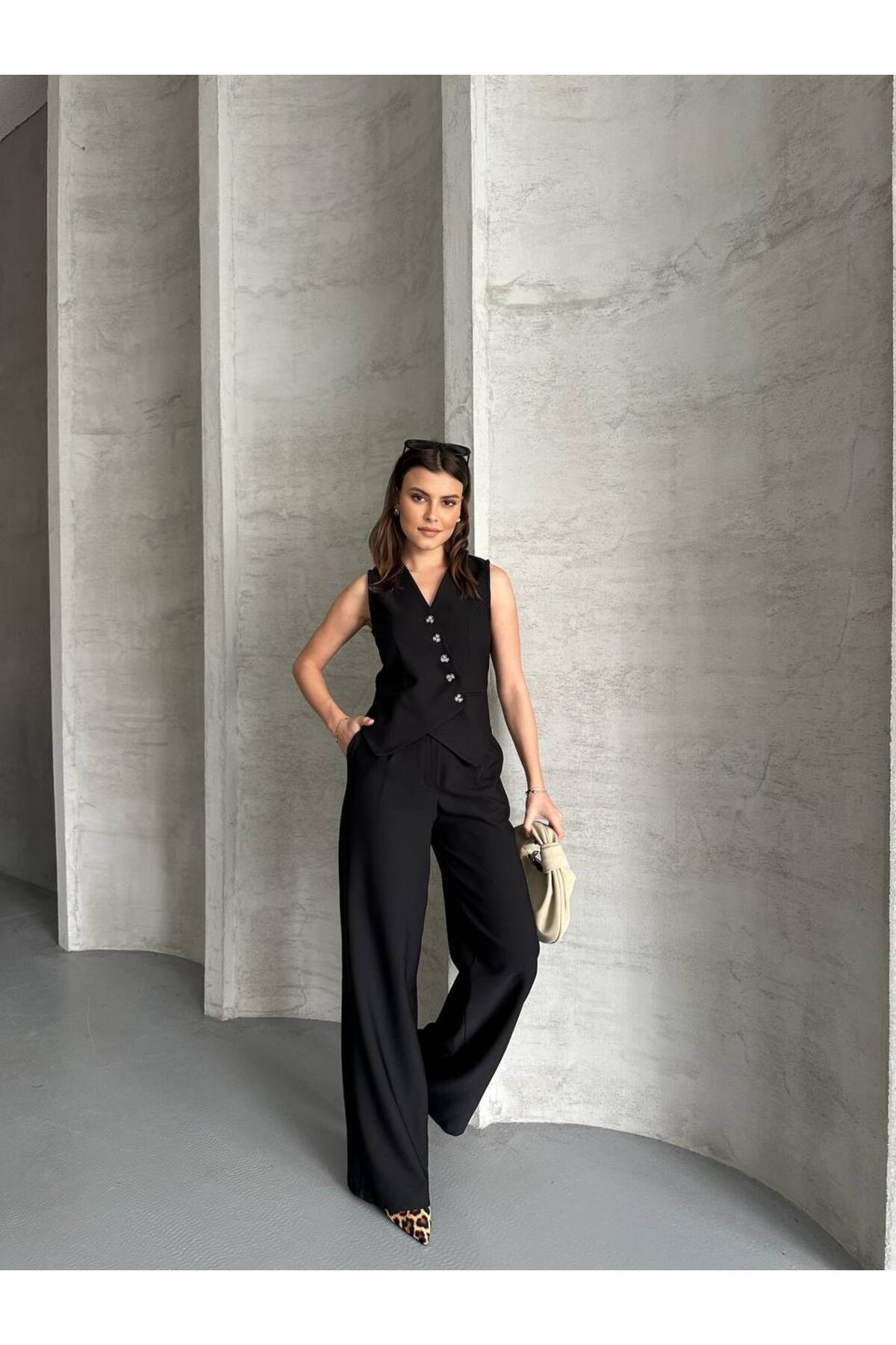 Women's Double-Breasted Vest and Trousers Set - Chic Combination - Görsel 3