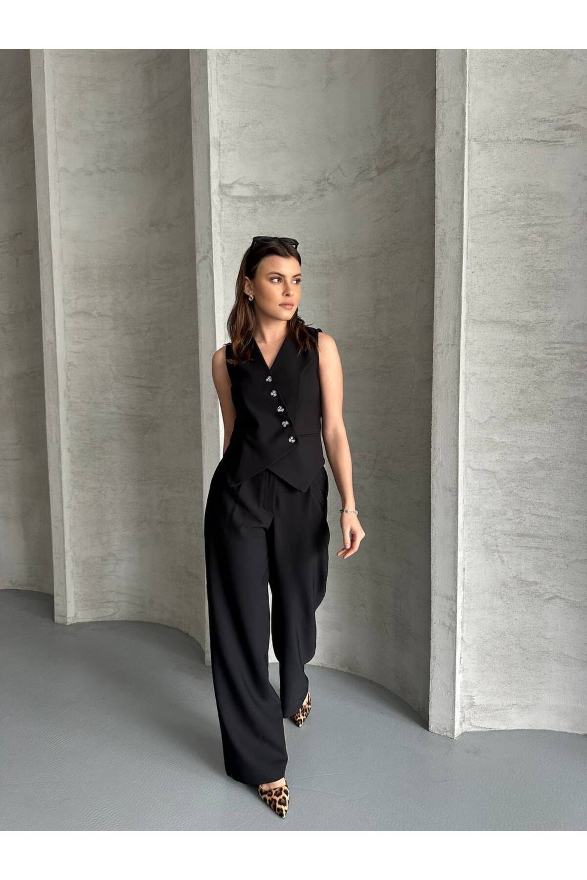 Women's Double-Breasted Vest and Trousers Set - Chic Combination - Görsel 4