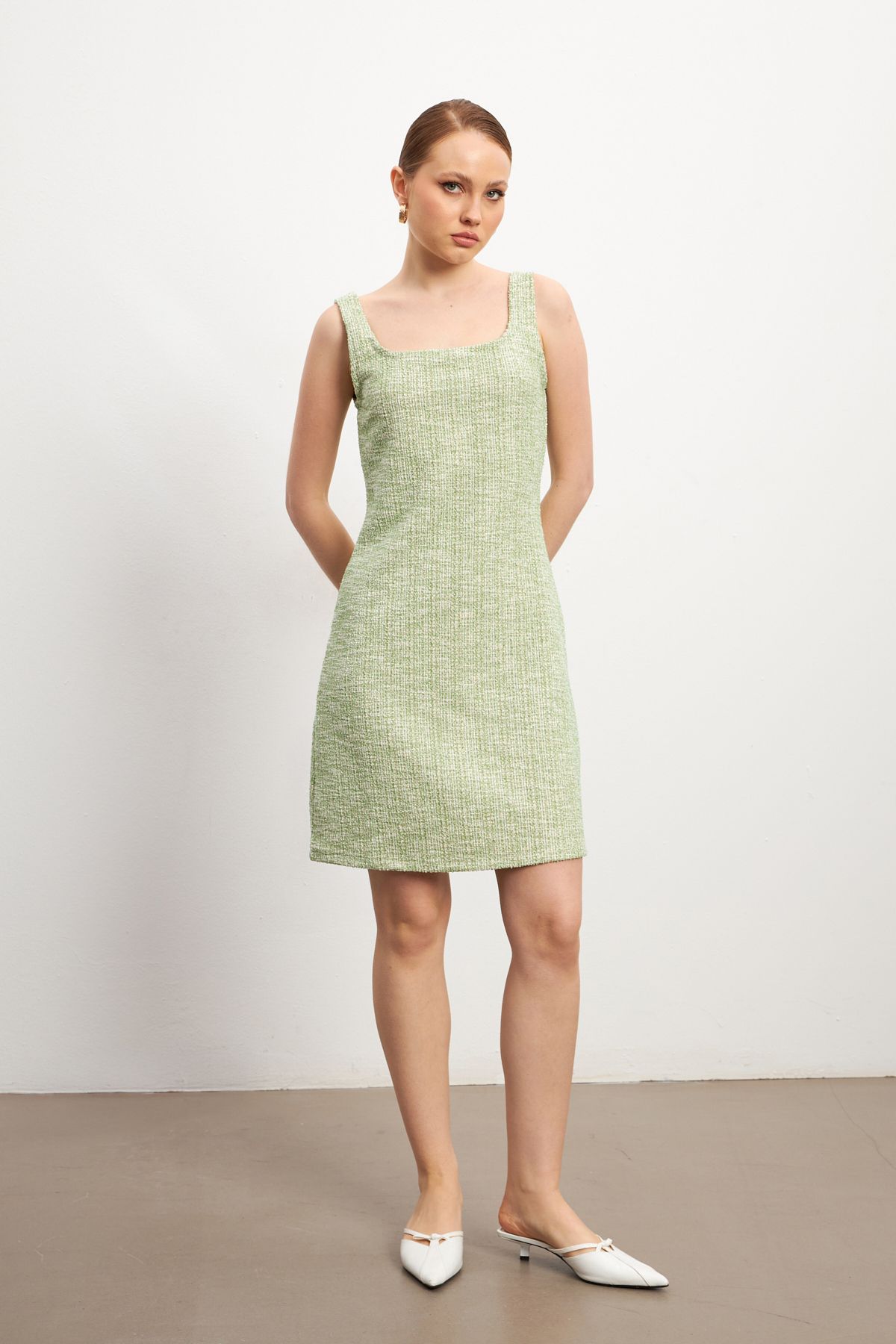 MODAGEN-Women's Green Tweed Strap Mini Dress 1