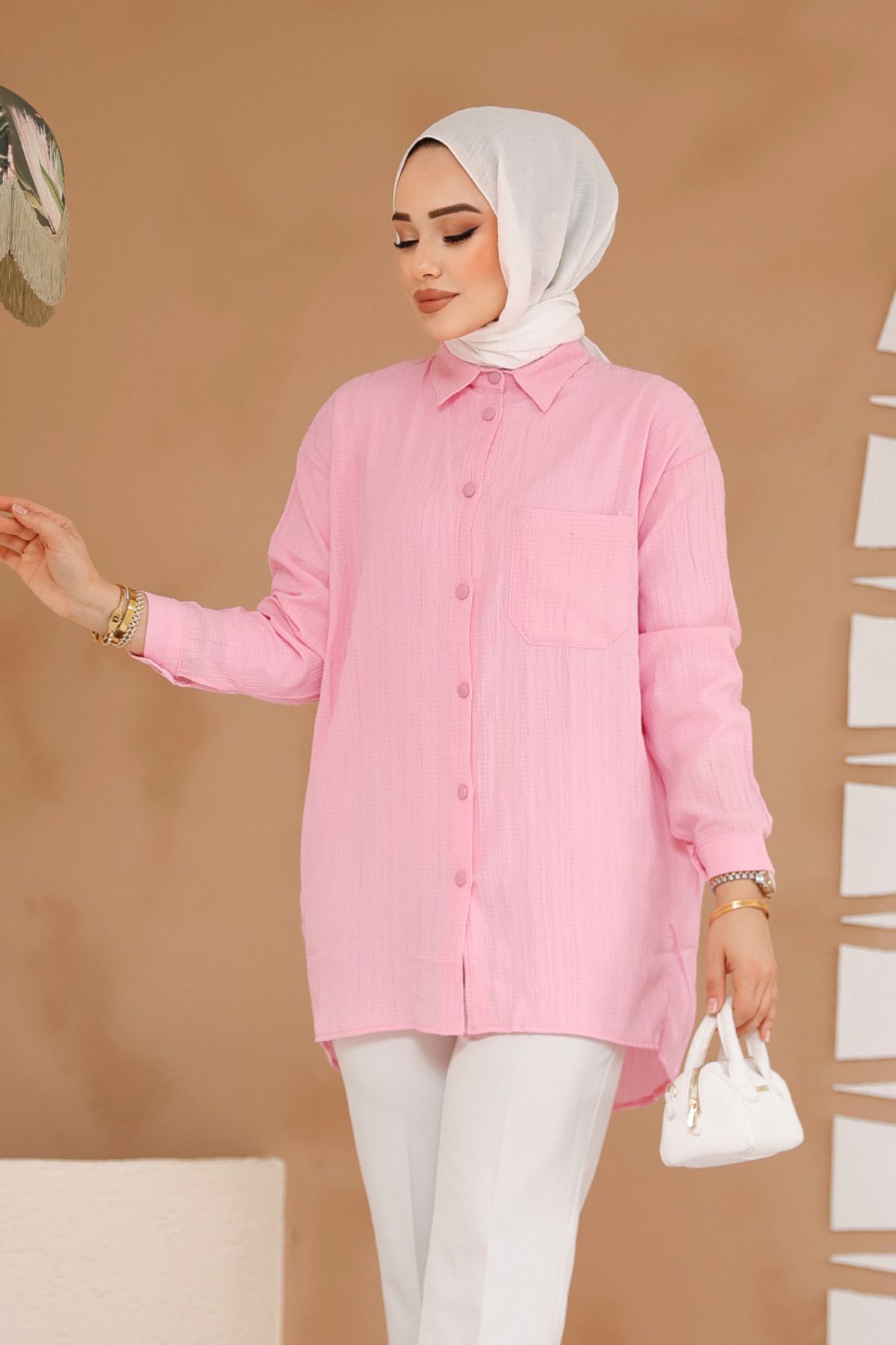 Neva Style-Buttoned Pink Hijab Shirt 70561P 1