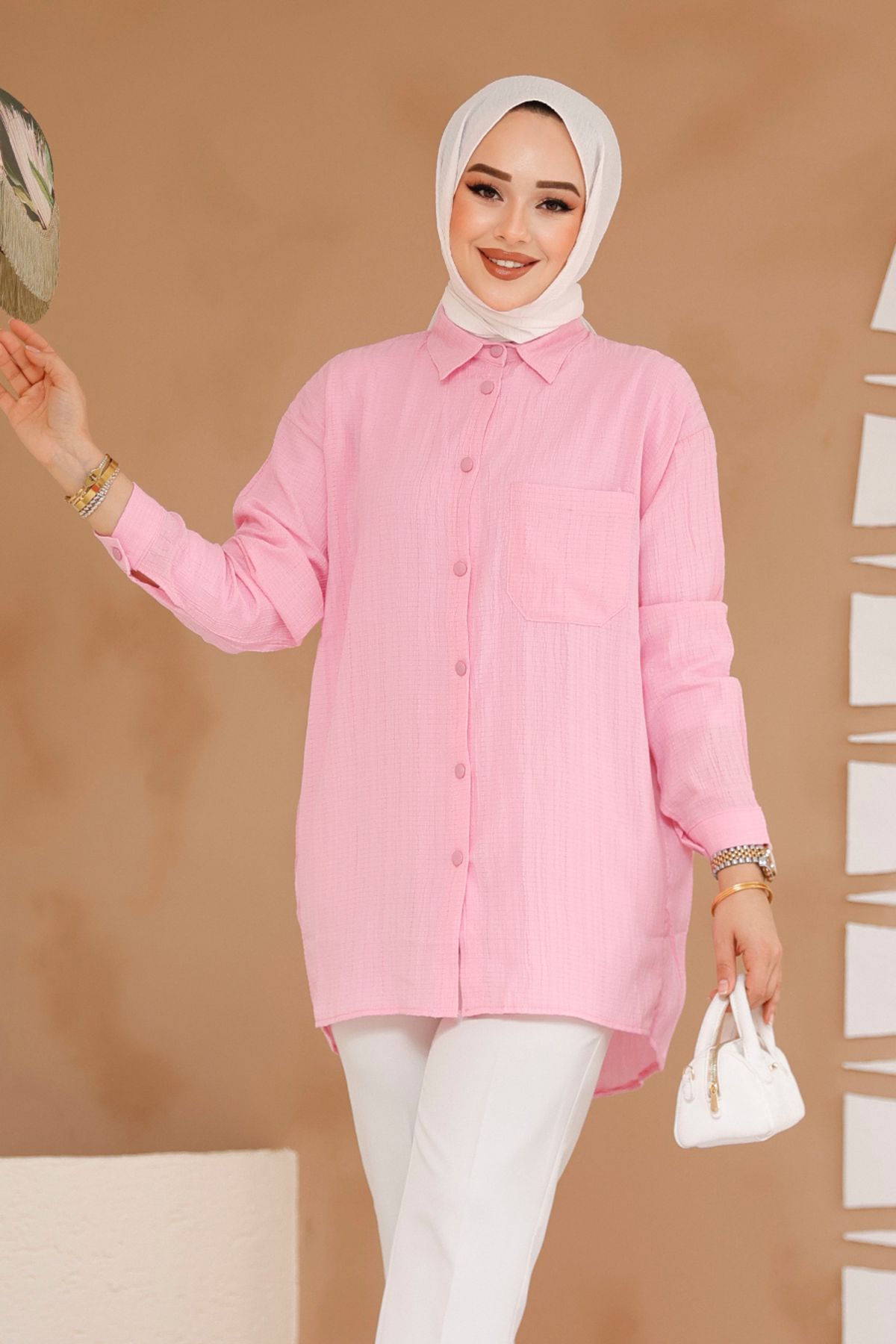 Neva Style-Buttoned Pink Hijab Shirt 70561P 2