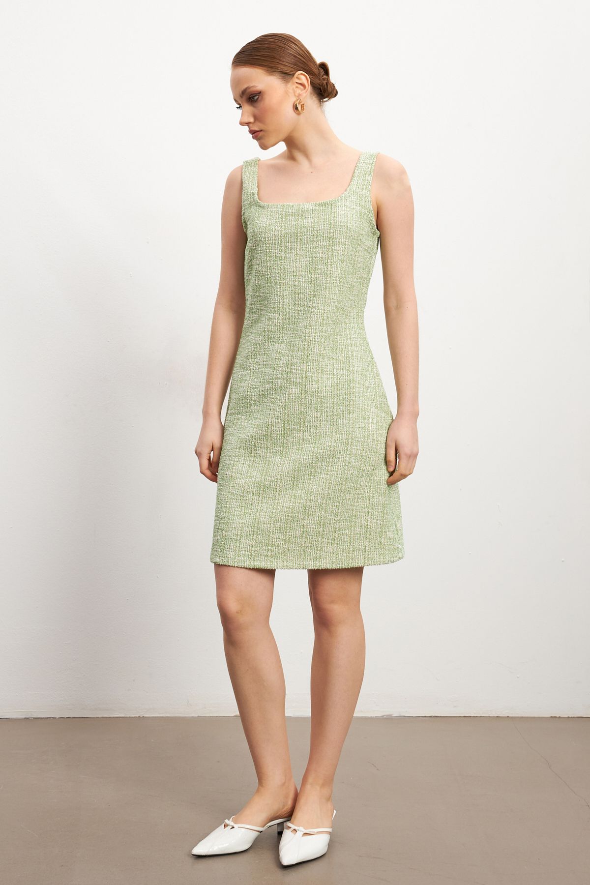 MODAGEN-Women's Green Tweed Strap Mini Dress 3