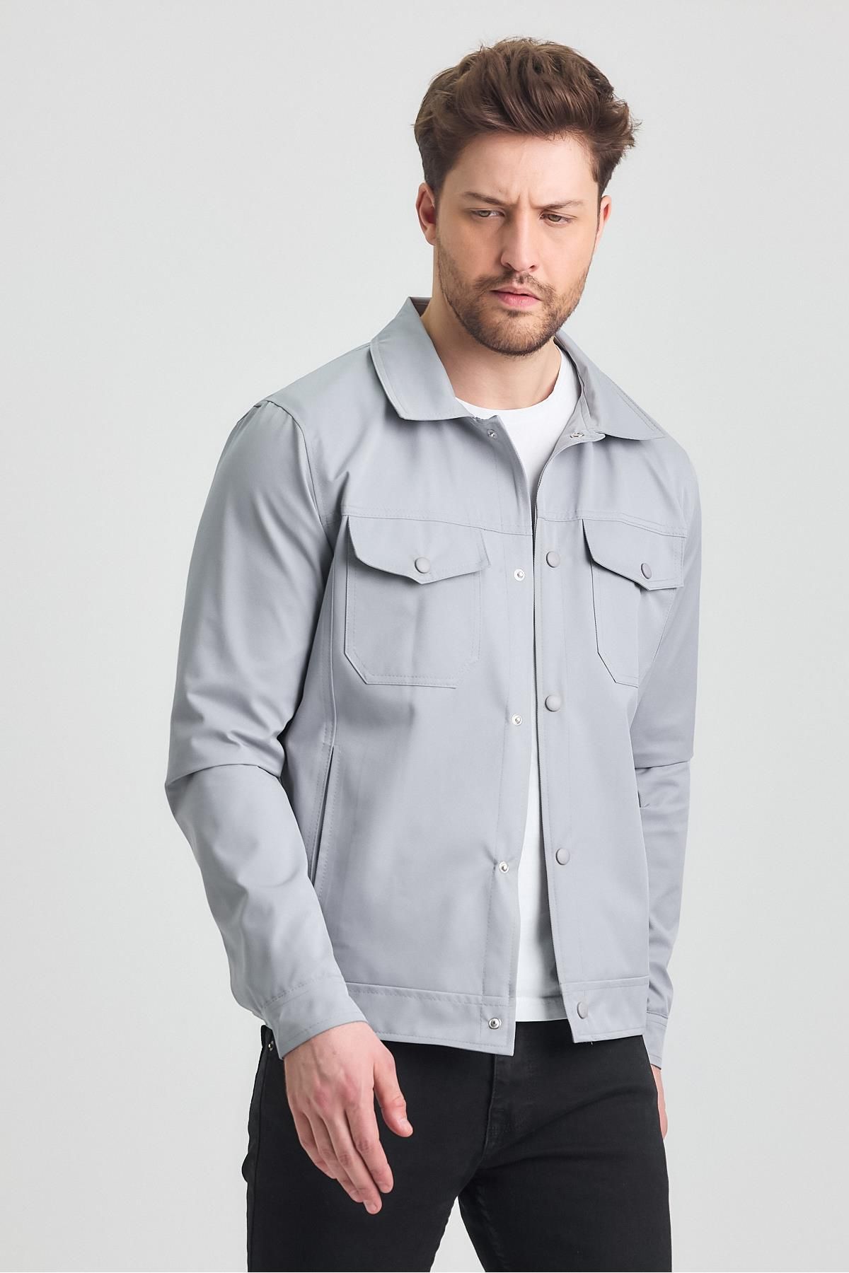 SİVAİST-Gray Men's Cotton Polyester Blended Waterproof and Windproof Seasonal & Summer Coat 2