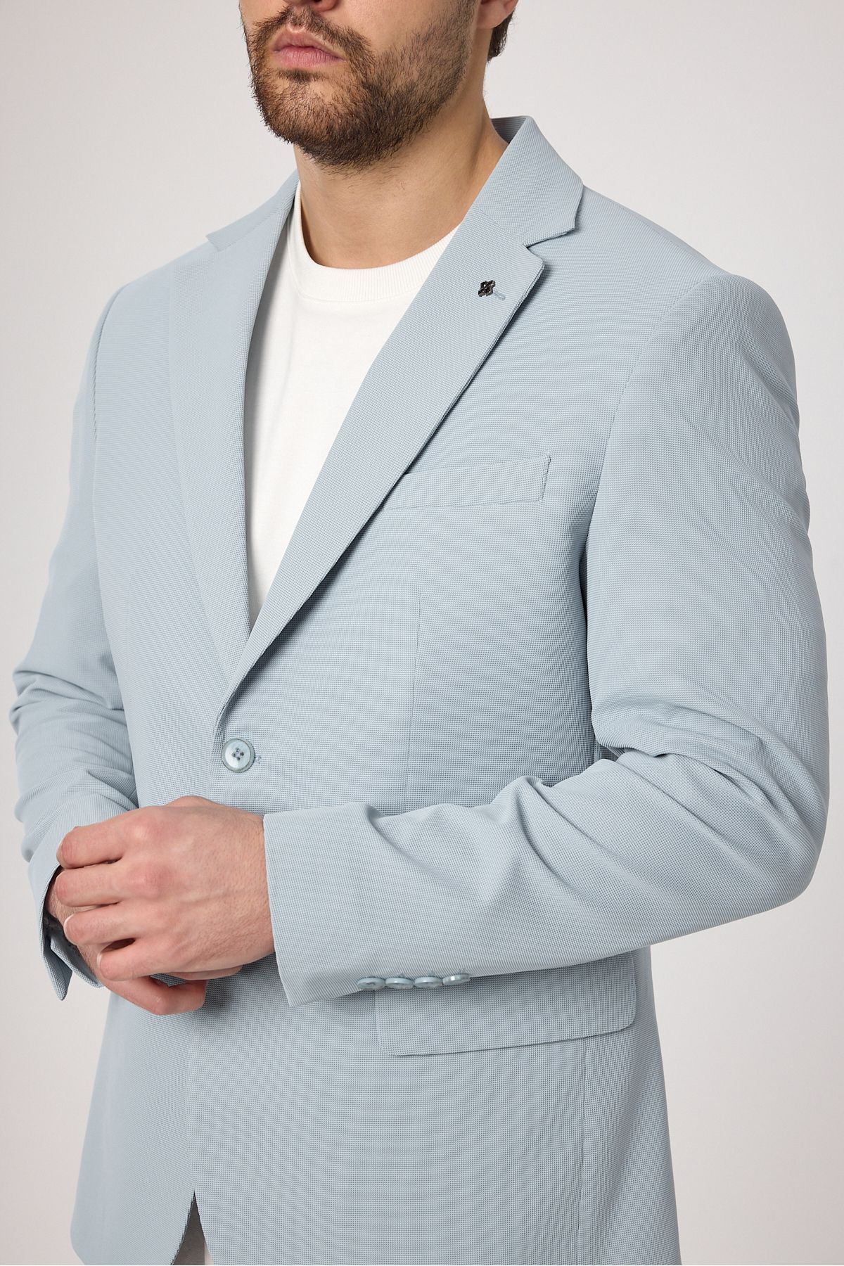 Frappoli-Waffle Men's Ice Blue Waffle Pattern Cotton Blended Lycra Stretchy Fabric Four Seasons Blazer Jacket 2