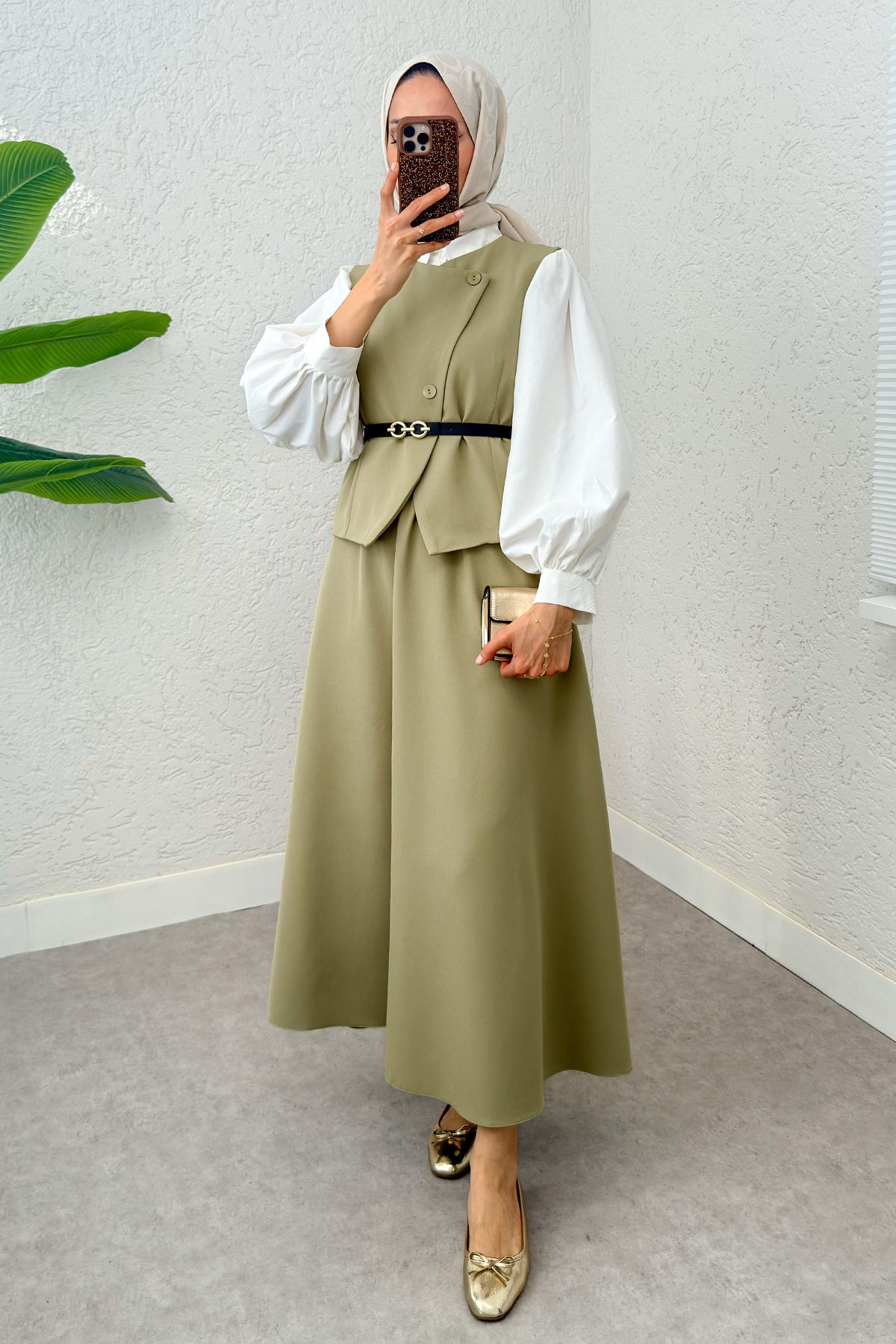 Salih Çelebi-Belted Vest Skirt Suit 24123 (Light Khaki) 1