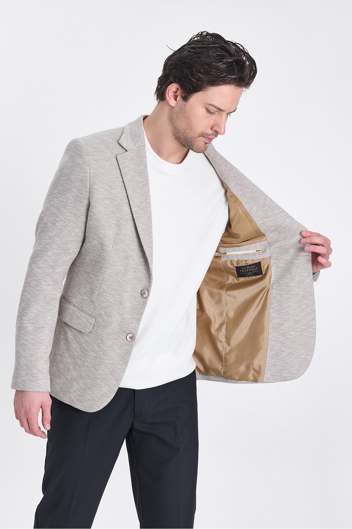 Frappoli-Ubaldo Men's Beige Linen Look Knitted Stretching Lycra Cotton Blended Blazer Jacket 4