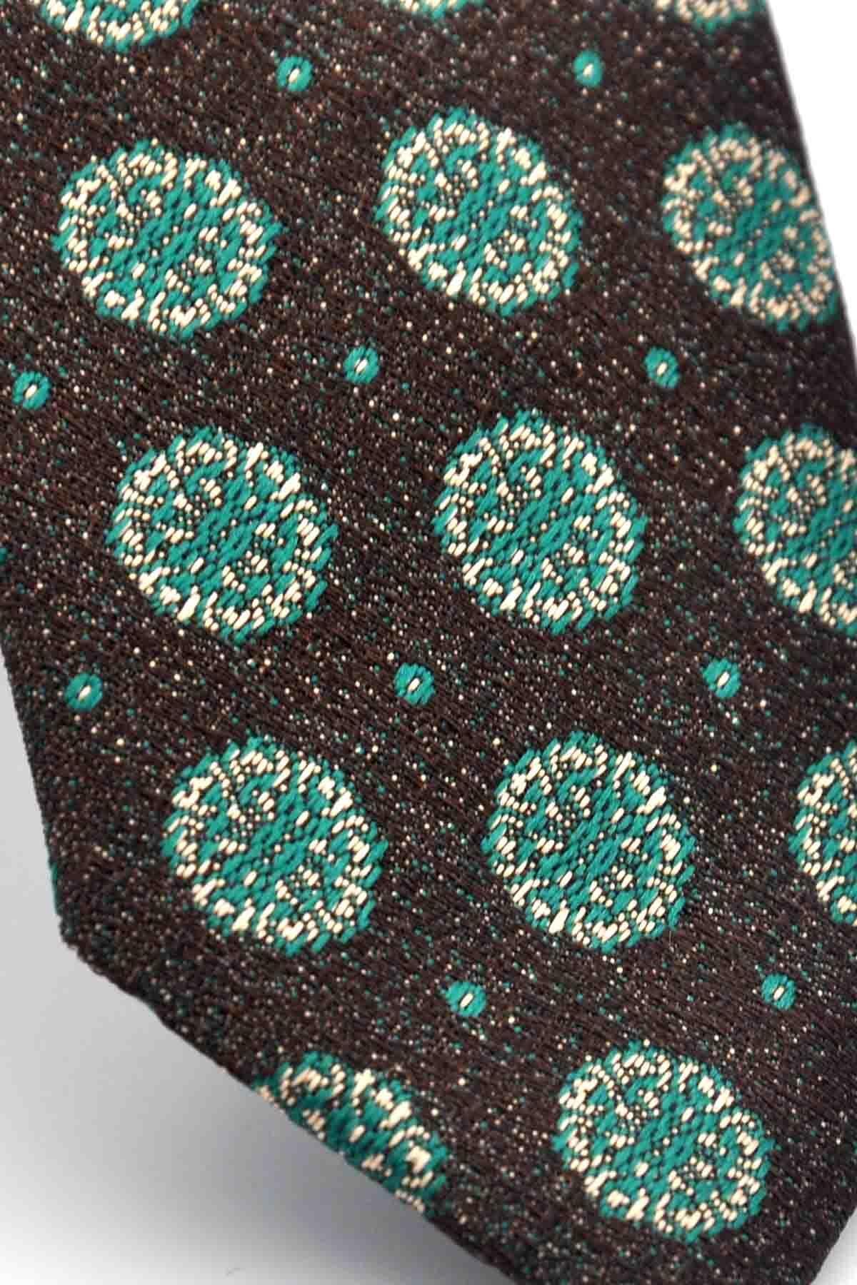 Gaffy-Green Beige Round Patterned Brown Woven Fabric Slim Fit Tie with Handkerchief // Sdk- 250206 3