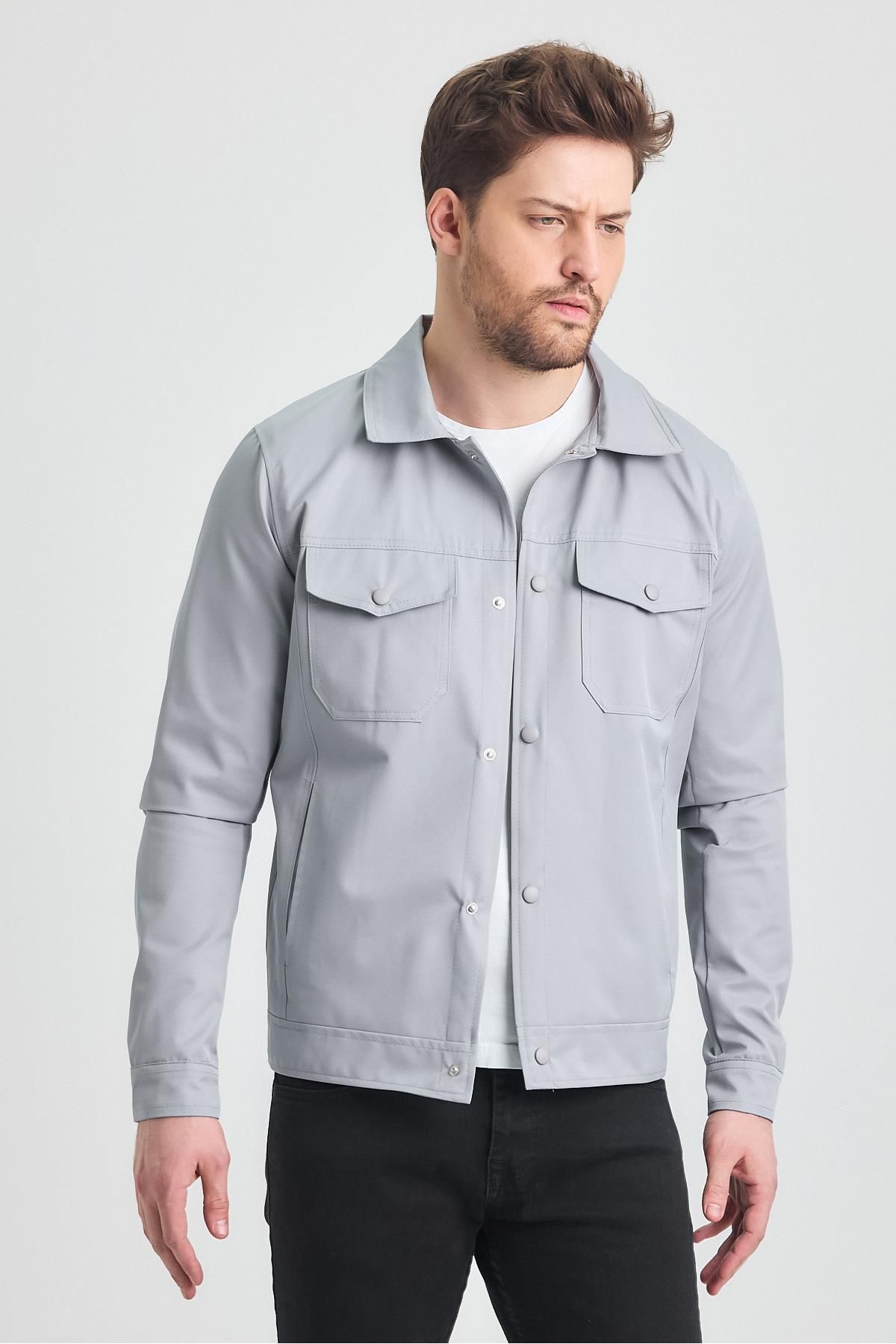 SİVAİST-Gray Men's Cotton Polyester Blended Waterproof and Windproof Seasonal & Summer Coat 5