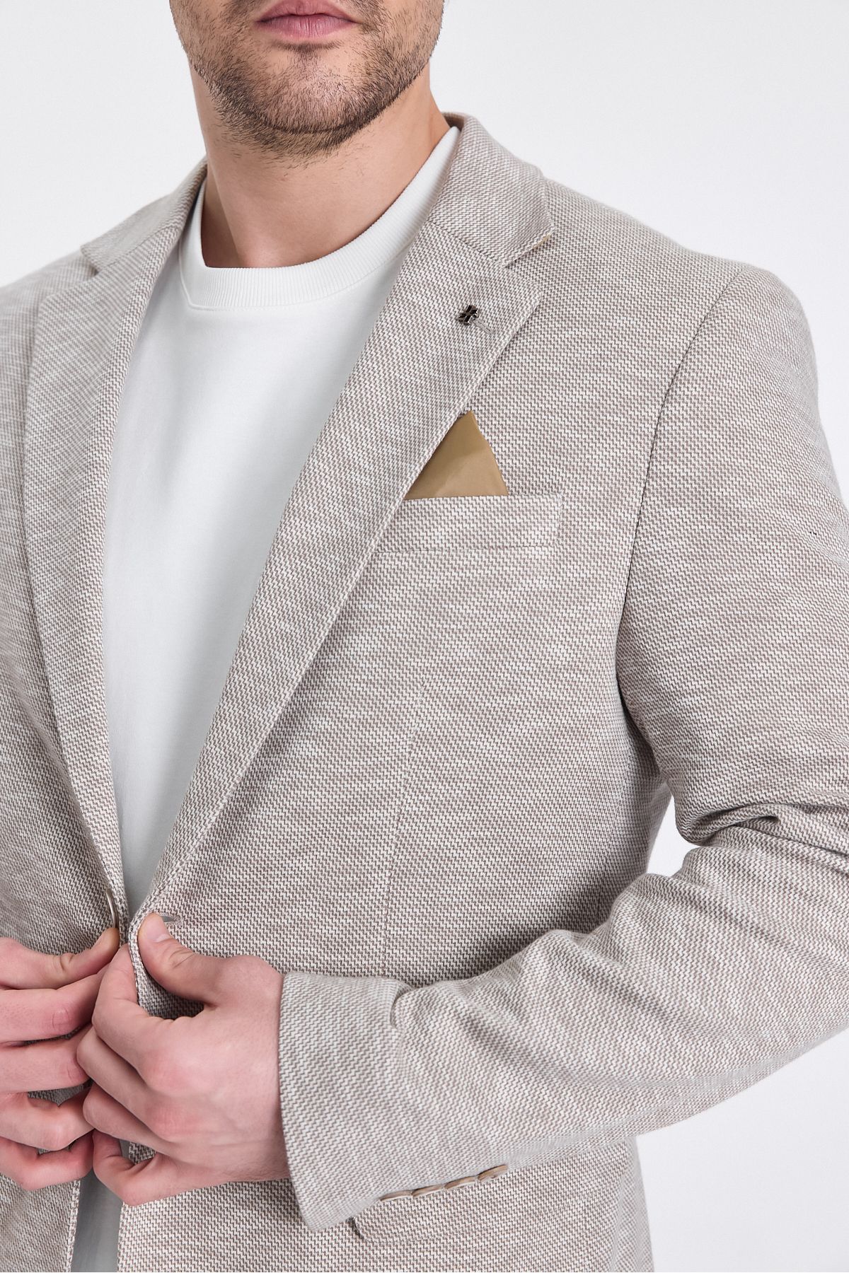 Frappoli-Ubaldo Men's Beige Linen Look Knitted Stretching Lycra Cotton Blended Blazer Jacket 3