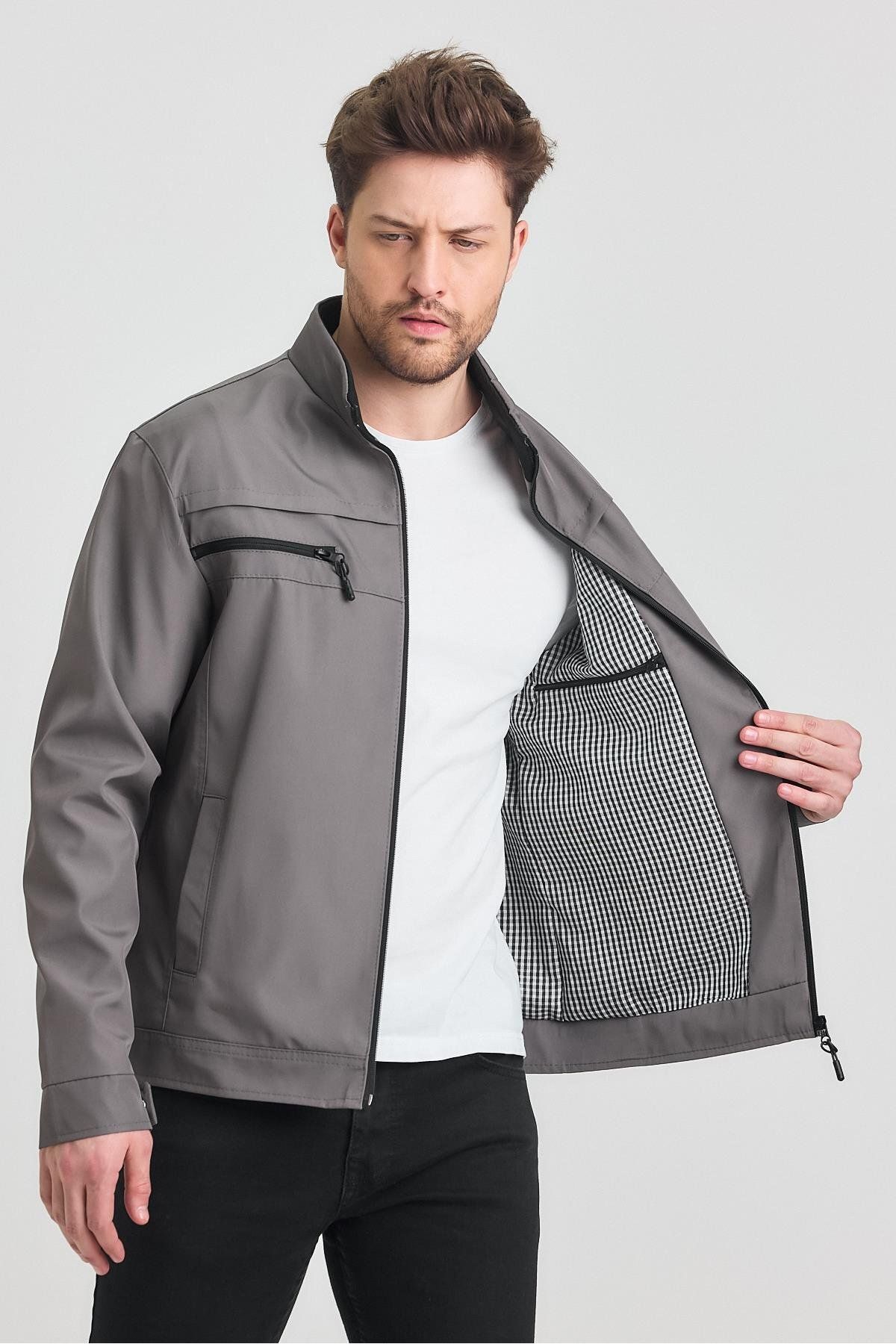 SİVAİST-Gray Men's Cotton Polyester Blended Double Chest Zippered Water and Windproof Seasonal & Summer Coat 2