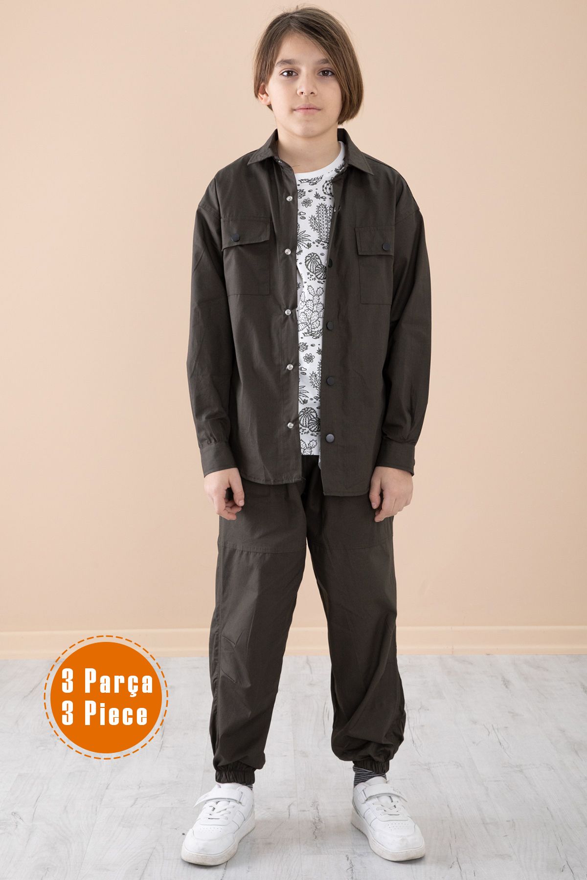 Cansın Mini-Dark Khaki Boy's Chest Pocket 3 Piece Suit 20351 1