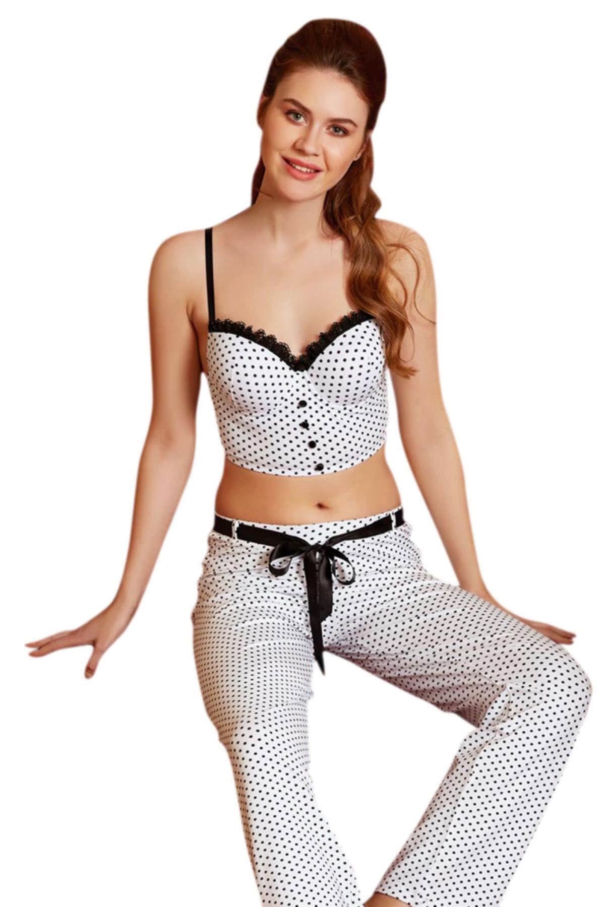 SheyMa Giyim SheyMa stl Beyaz Puantiye Desenli Büstiyerli Pijama Takımı 4125
