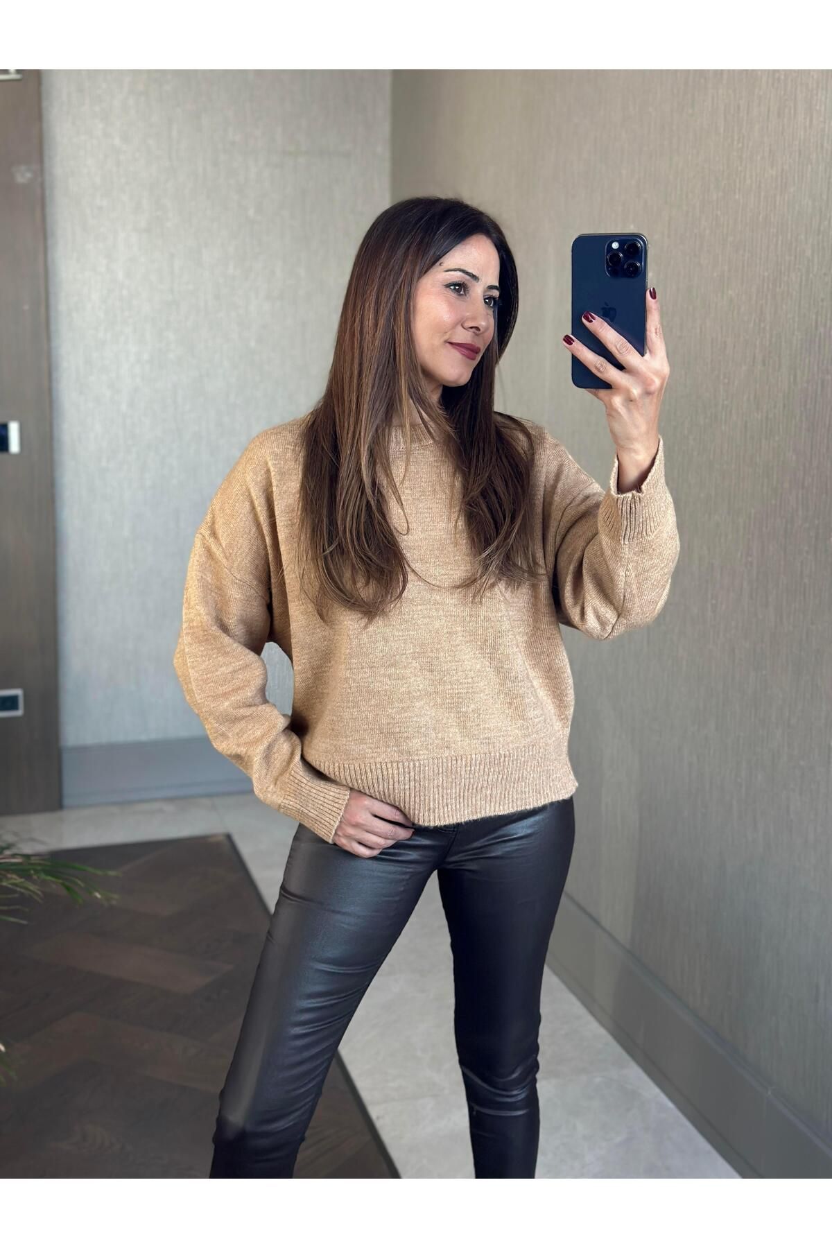 Forlady Butik Camel Oversize Bisiklet Yaka Kadın Triko Kazak