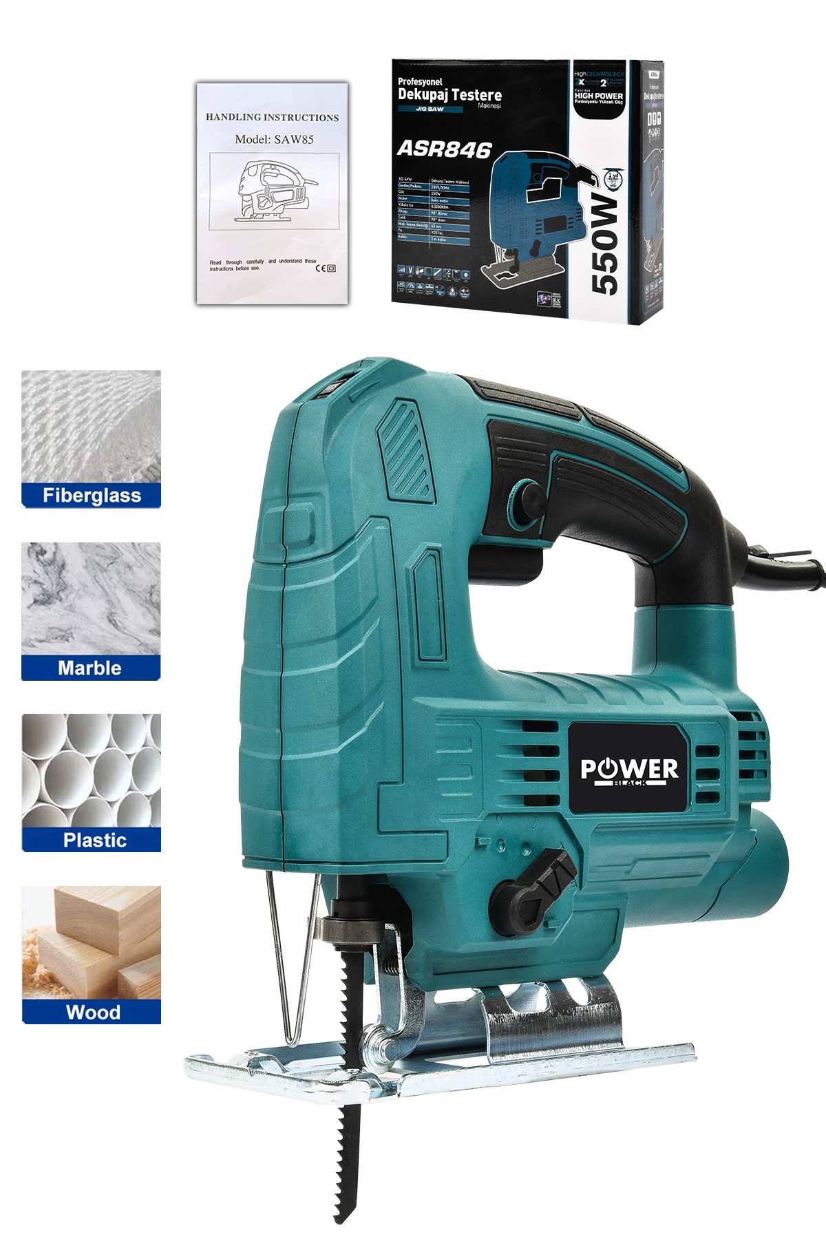 POWER BLACK Profesyonel Lazerli Metal Şanzıman 6 Kademe Devir Ve Pandül Ayarlı Dekupaj Testere Çantalı