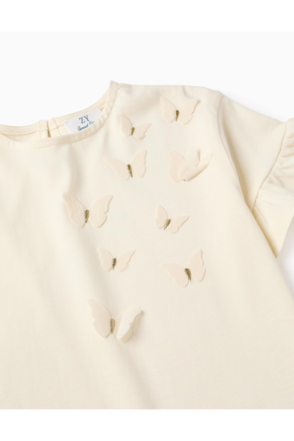 Ziddy-Cotton T-shirt with 3D Butterflies for Girls, Beige 3