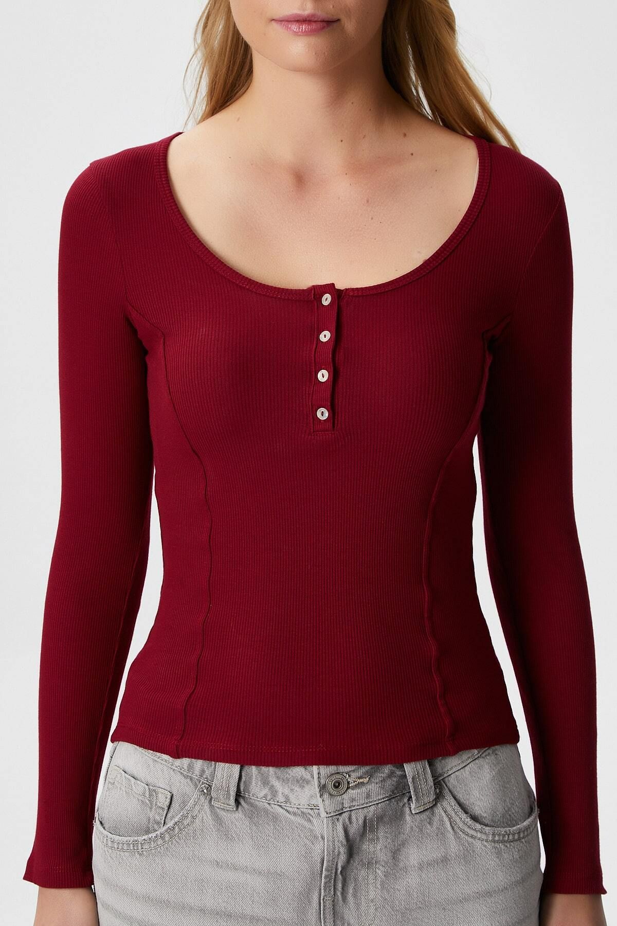 Ritnice-Women's Sophia Cotton Corset Look Buttoned Ribbed Long Sleeve Burgundy Blouse 6