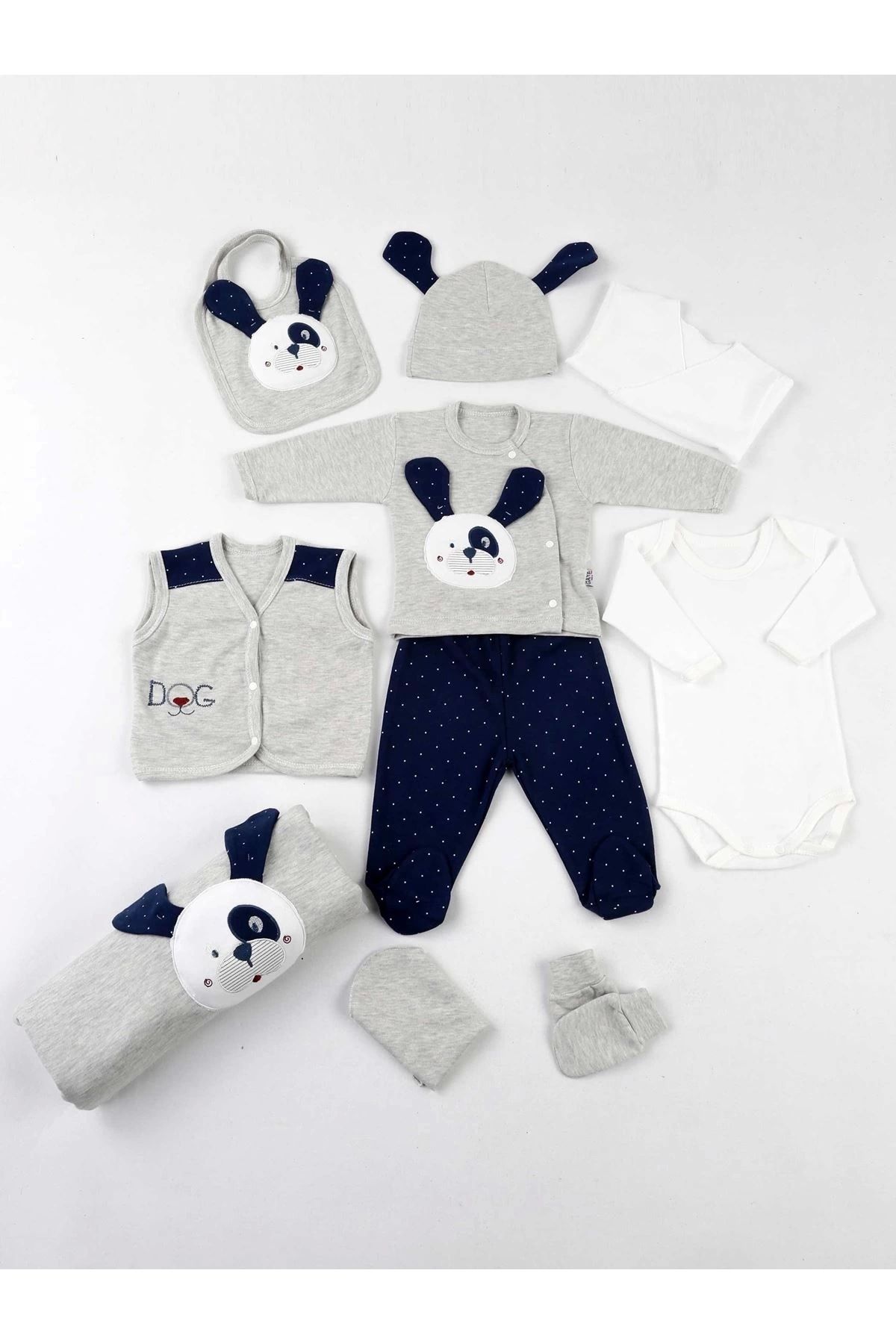 candar-Embossed Teddy Bear Patterned 10 Piece Boxed 100% Cotton Baby Boy Hospital Release 1