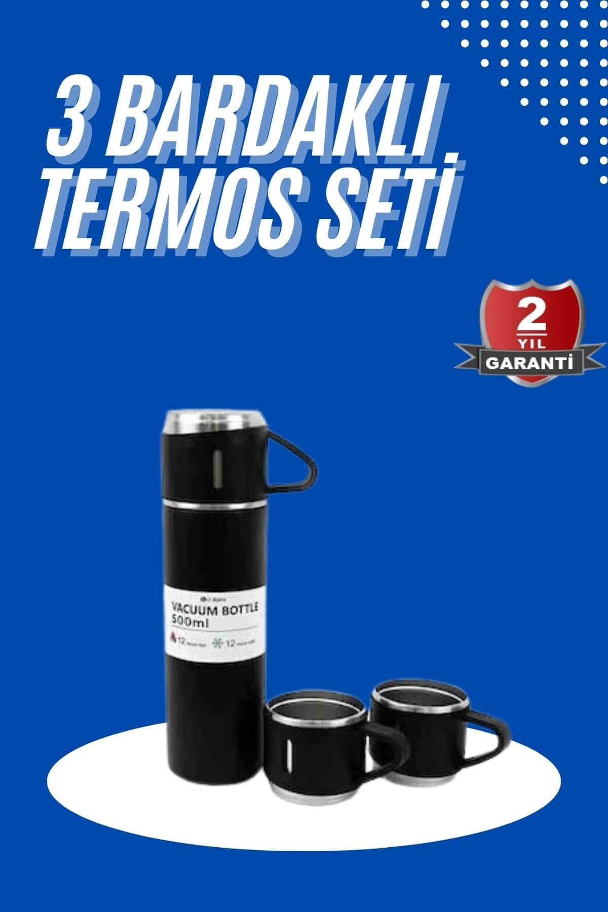 ASTRALTECH Termos Seti 3'lü Bardak Seti Isı Dayanıklı Siyah Paslanmaz Çelik Vakumlu