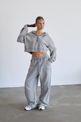 South Coast Gri Soluk Efektli Crop Hoodie Ve Sweatpants Takım
