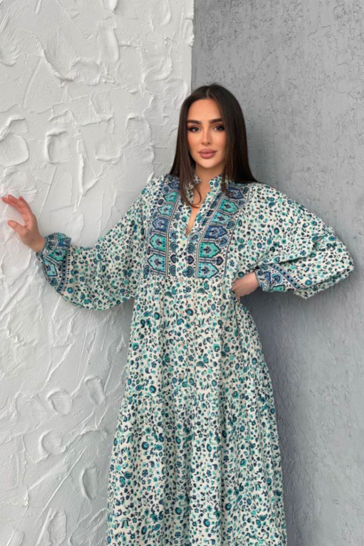 AYASOFYA OTANTIK-Women's Mint Button Detailed Patched Collar Patterned Balloon Sleeve Loose Long Dress 3