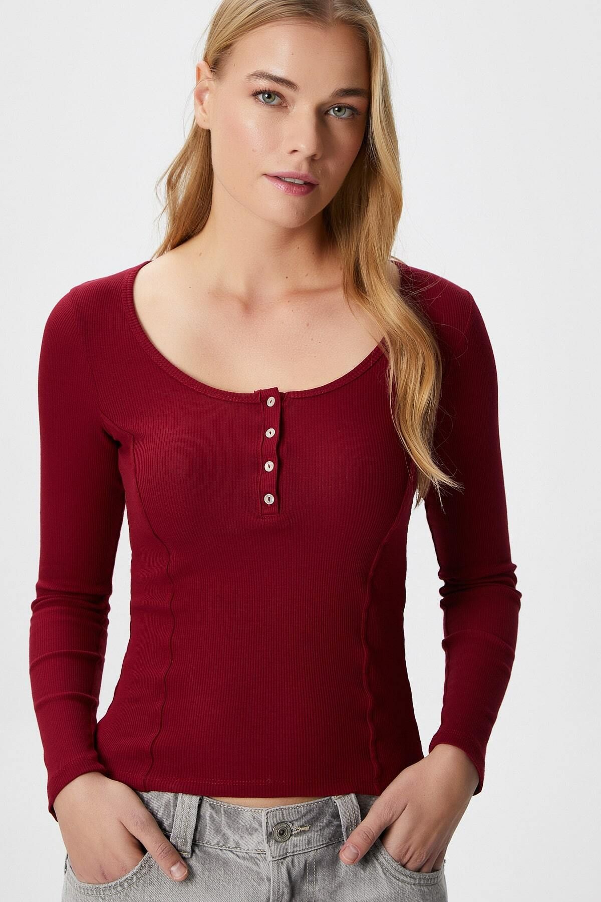 Ritnice-Women's Sophia Cotton Corset Look Buttoned Ribbed Long Sleeve Burgundy Blouse 1