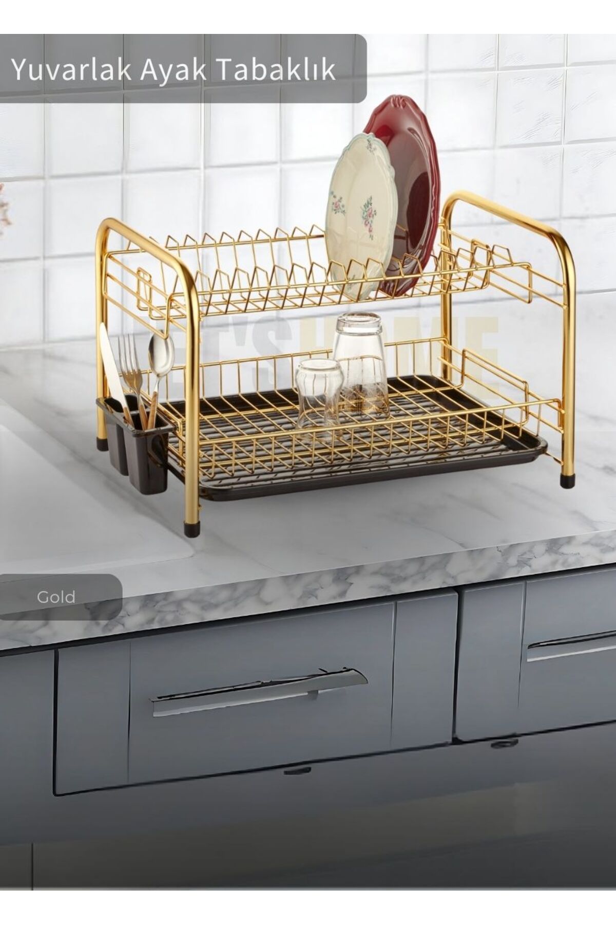 2 Katlı Bulaşıklık Tezgah Üstü Tabaklık BPA FREE Bulaşık Sepeti Yuvarlak Ayak Gold