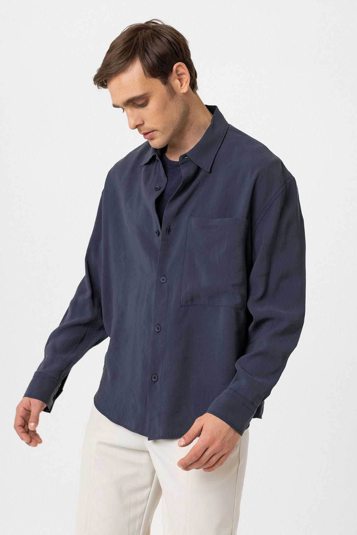 Antioch-Navy Blue Relax Fit Modal Fabric Men's Shirt 1