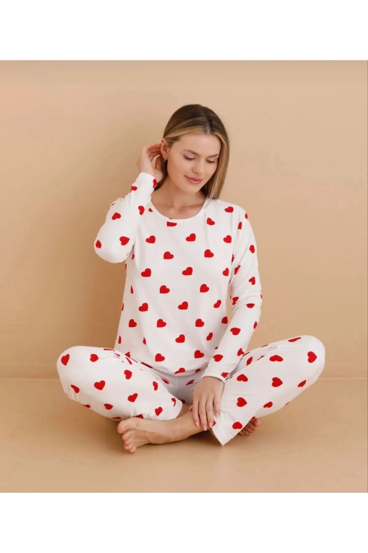 ESM Noche-Women's Pajama Set - Heart Pattern - Viscose Fabric - Bottom Top Set 4