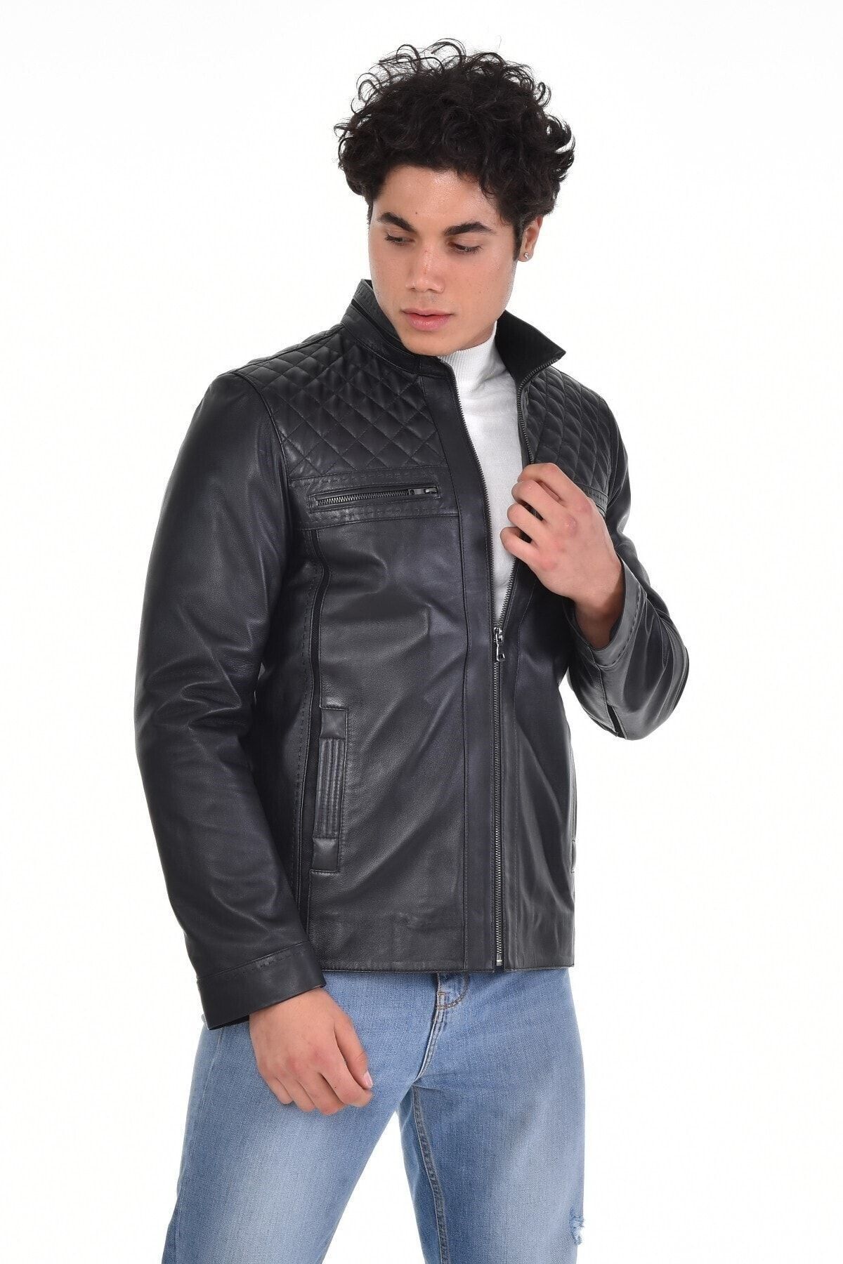 DeriWork-Genuine Leather Shoulder Diamond Patterned Four Pocket Leather Jacket Black 2