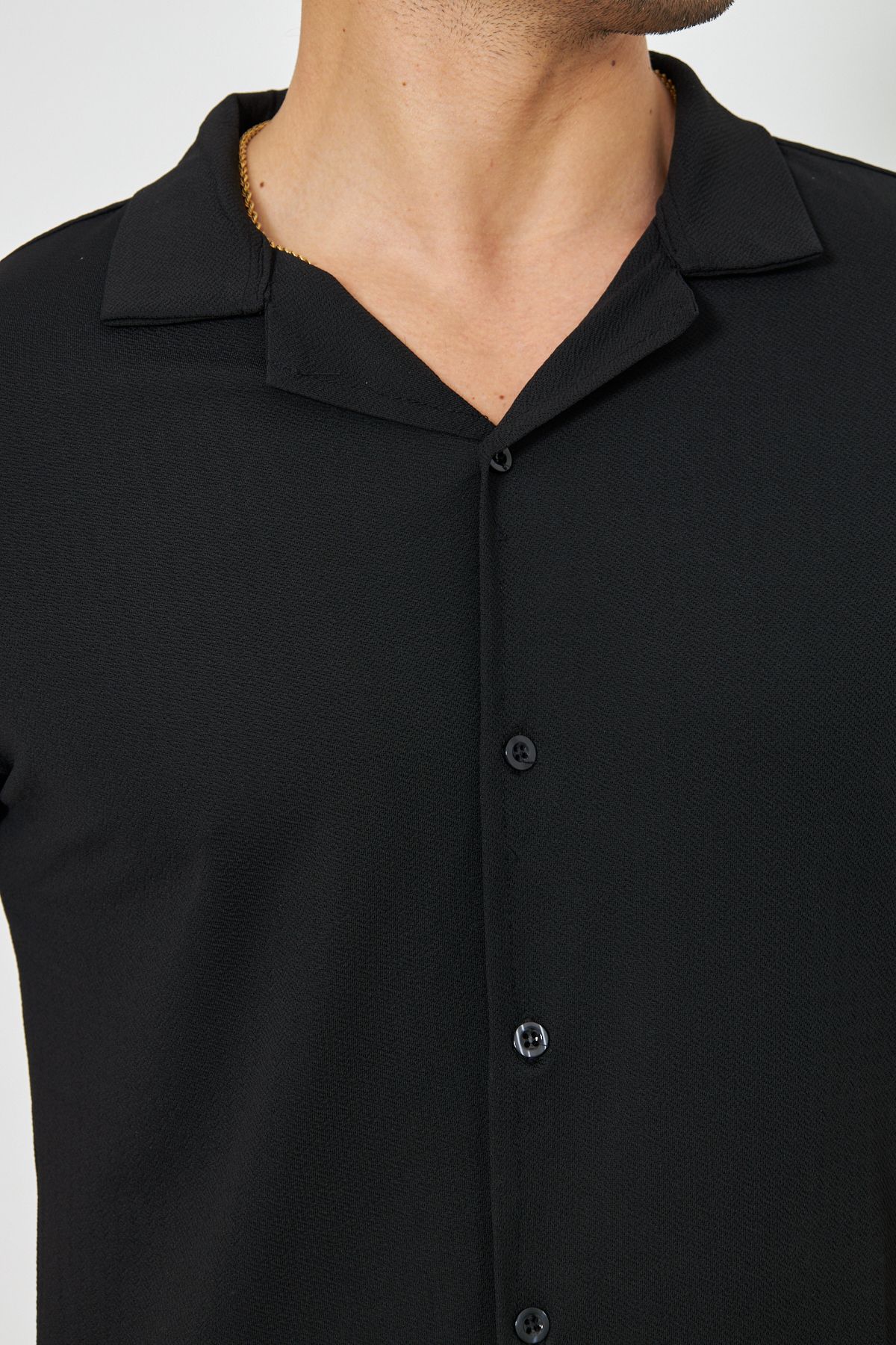 ZİNOX-Men's Knitted Fabric Buttoned Apache Collar Stylish Crepe Pattern Short Sleeve Shirt Suitable for Daily Use 2