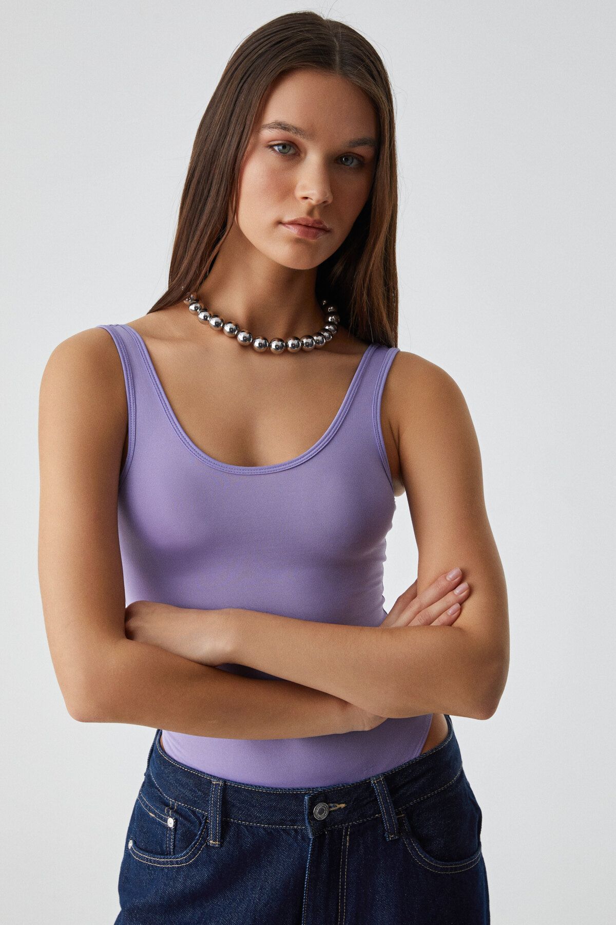 GRIMELANGE-Chiles Women's Slim Halter Neck Sleeveless Snap Closure Purple Tank Top 4