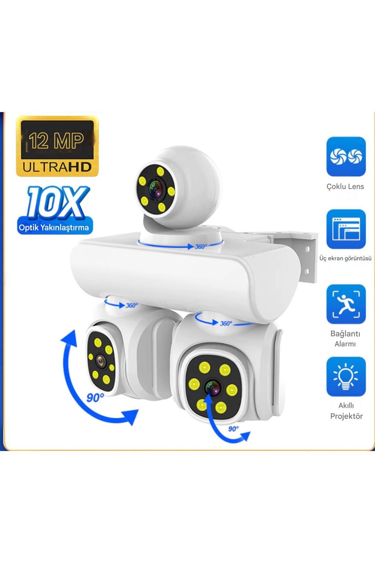 qasul 12MP 10X ZOOM Üç Lensli WIFI Güvenlik  Kamerası PTZ Su Geçirmez İki Yönlü İnterkom Hareket Sensörlü