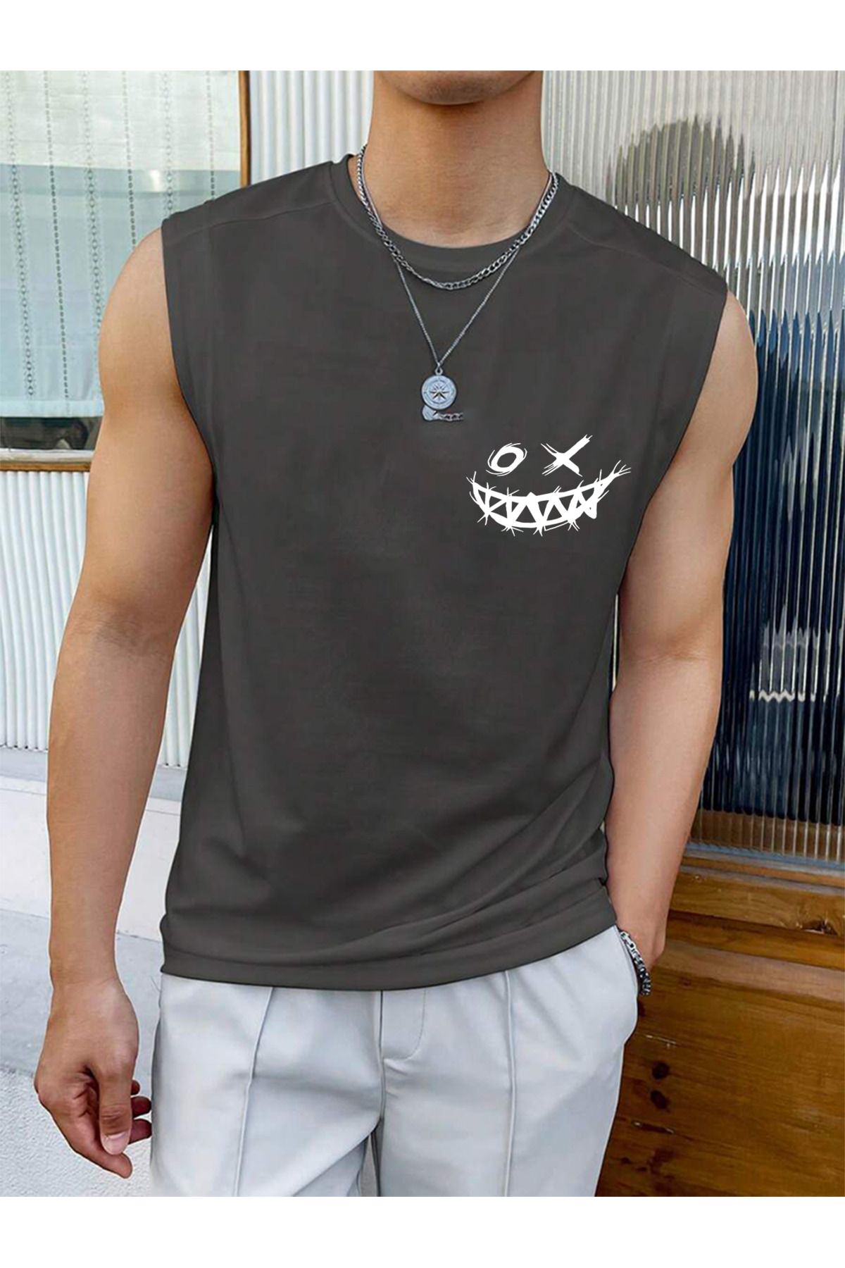 Cosmo Style Tricou Fără Mâneci Gym Cu Mânecă Zero Cu Imprimeu Negru Cu Zâmbet "țesătură De Bumbac" 4070788541181 Unisex - XL