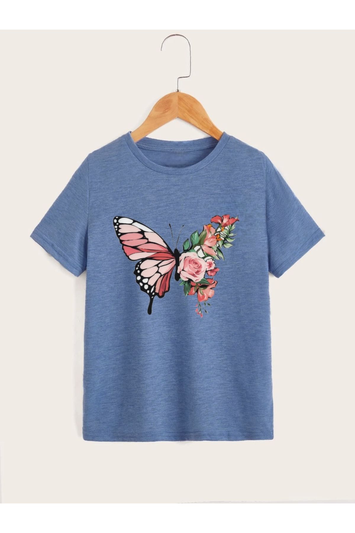 Laches-Butterfly Printed Crew Neck Girls T-Shirt Short Sleeve 1