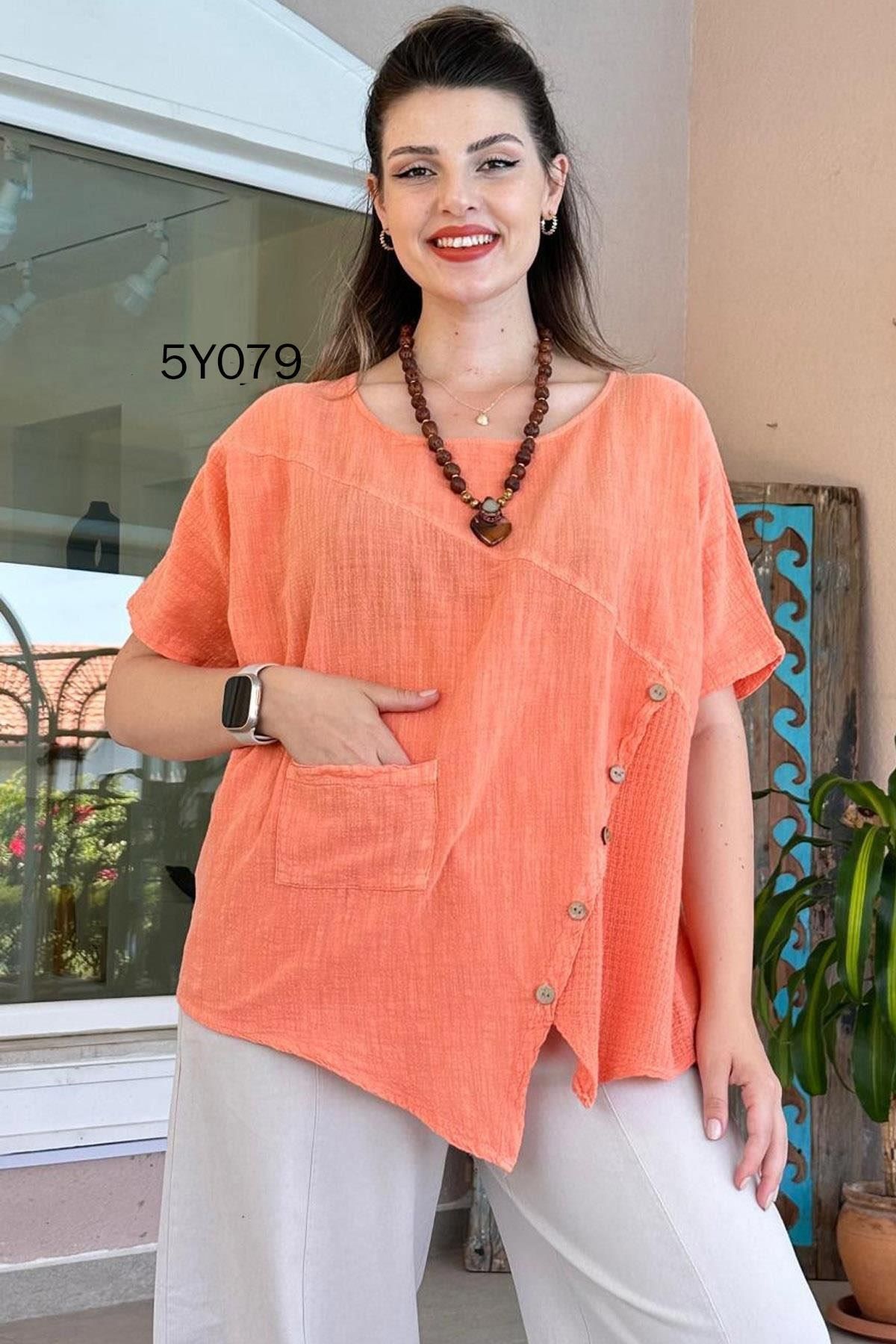 İnce Topuk-Cross Buttoned Linen Blouse 5Y079 1