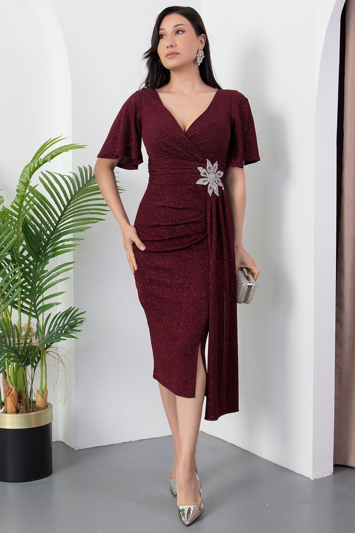 PULLIMM-Rochie cu guler dublu cu talie cu flori cu pietre 39937 4
