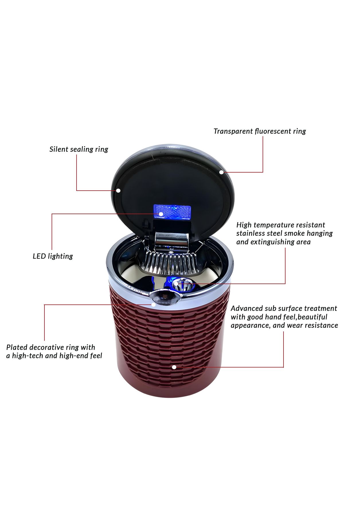 Generic-Car Ashtray With Led Light And High-temperature Resistant Stainless Steel Design Maroon 4