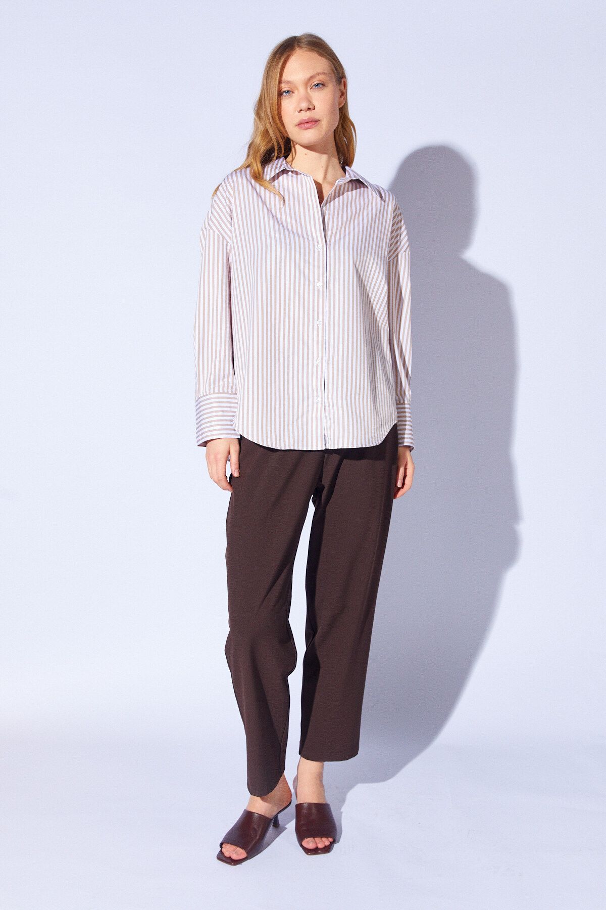 Manche-Light Beige Oversize Basic Women's Line Shirt |   Mks 167429 -01 3