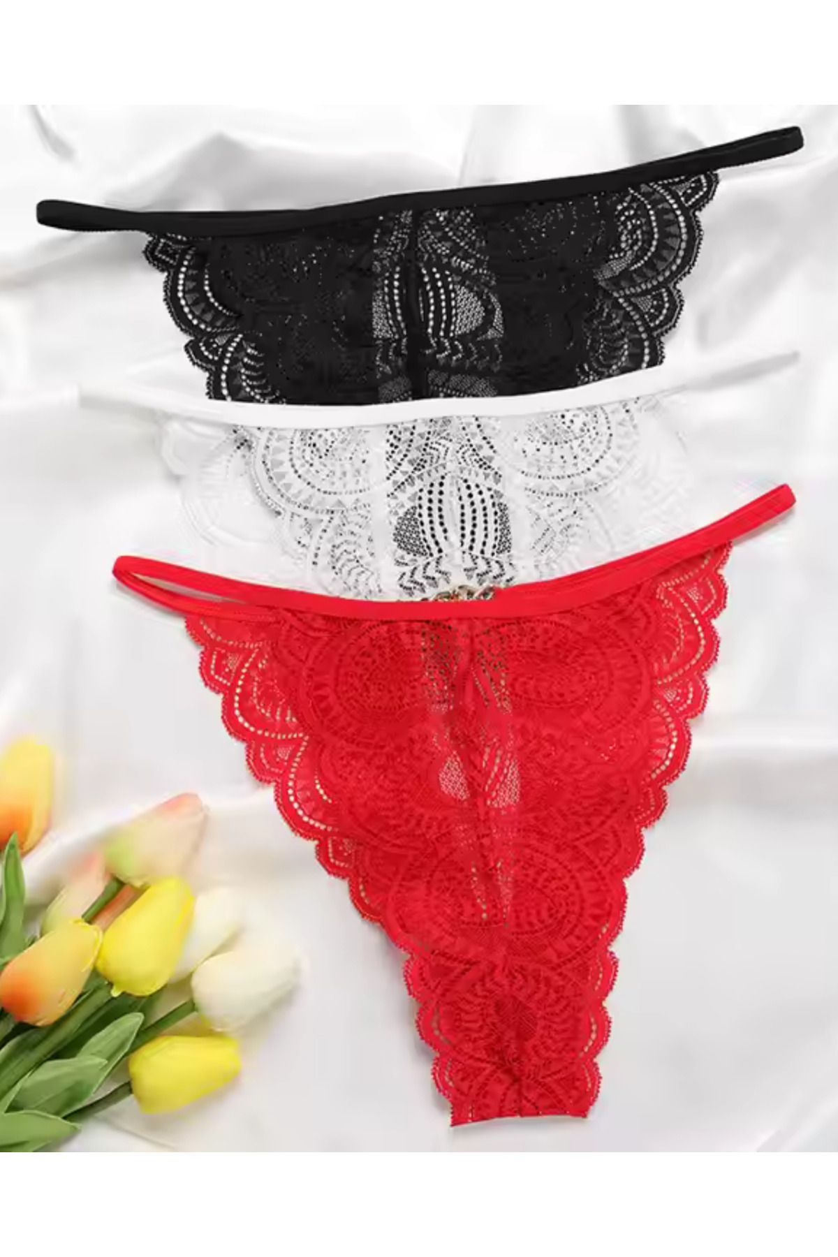 redlovehome Büyük Beden Kadın 3'lü Dantel String - Tanga