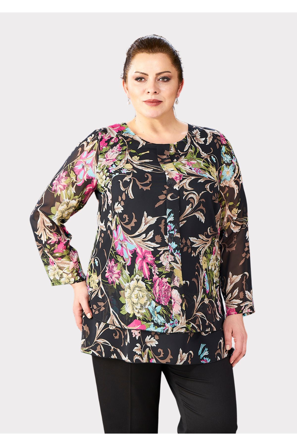 LİLAS XXL-Patterned Chiffon Tunic - Large Size 1