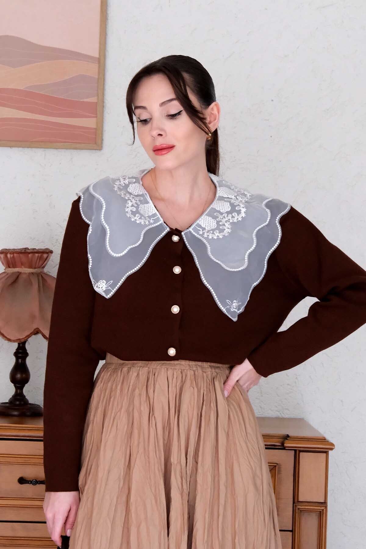 Ceylan Otantik-Milk Coffee Cropped Bohemian Skirt & Lace Collar Bitter Coffee Knitwear Cardigan 6